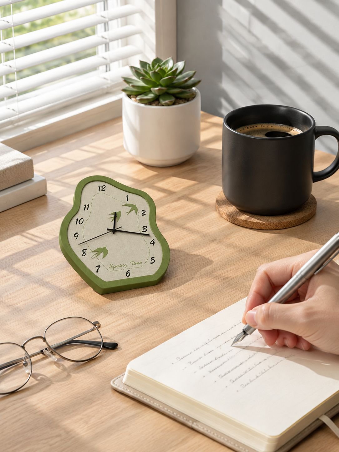 Reloj de mesa elegante con fondo de paisaje verde