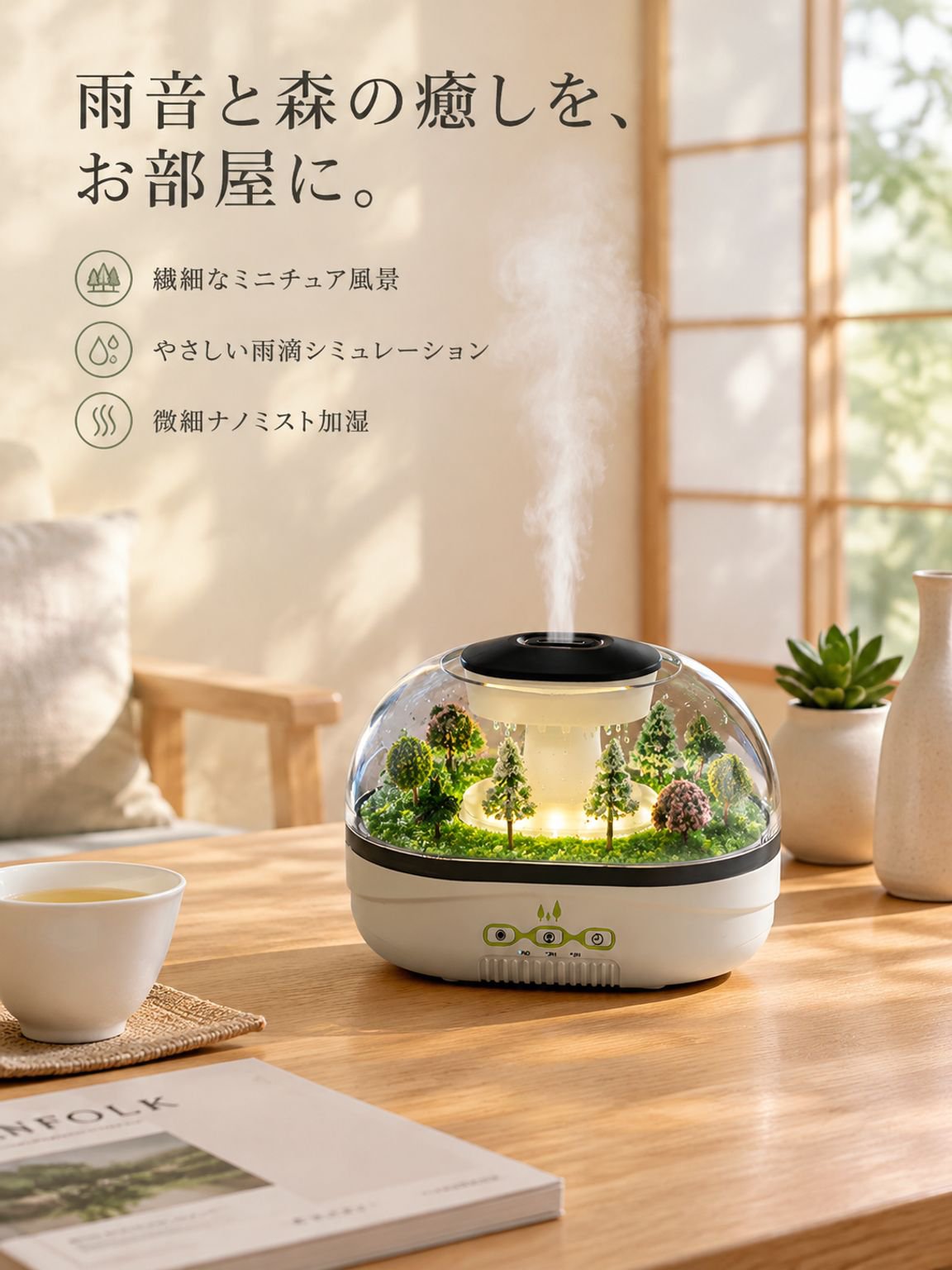 雨粒デザイン 超音波アロマ加湿器 USB静音タイプ 精油対応 ムードライト付き