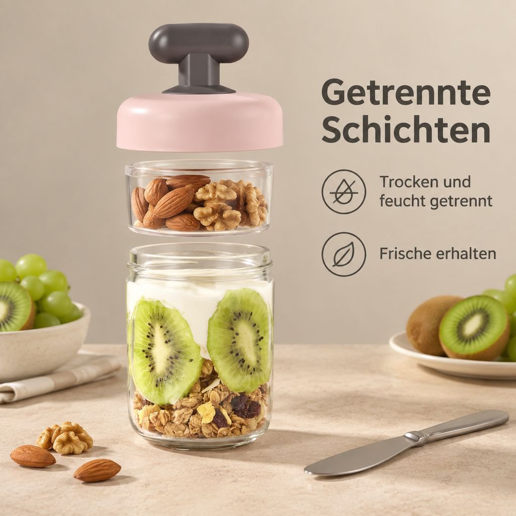 Tragbarer, auslaufsicherer Frühstücksbecher mit Deckel, Löffel und Fächern (für Joghurt/Haferbrei)