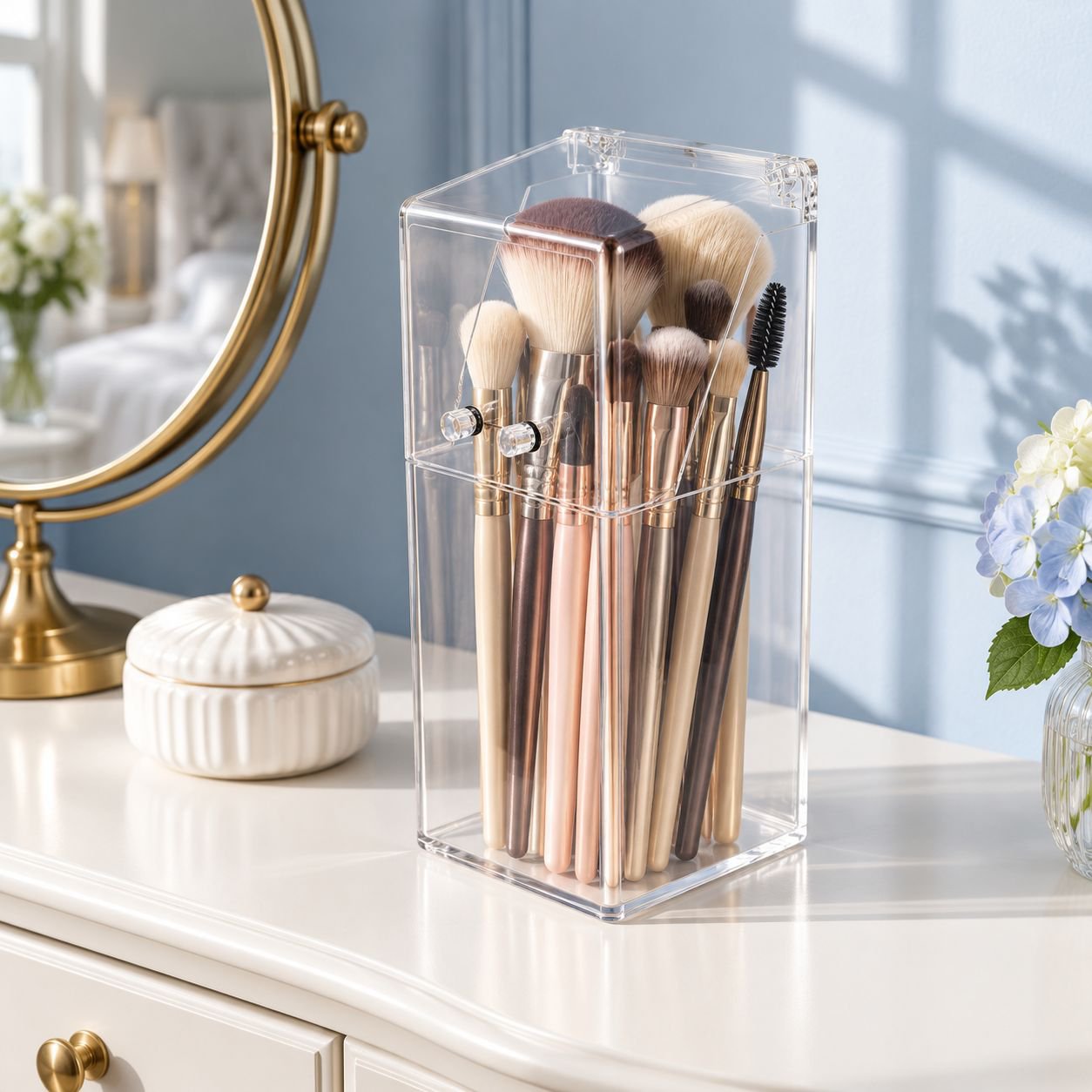 Flip top makeup brush holder with built-in mirror