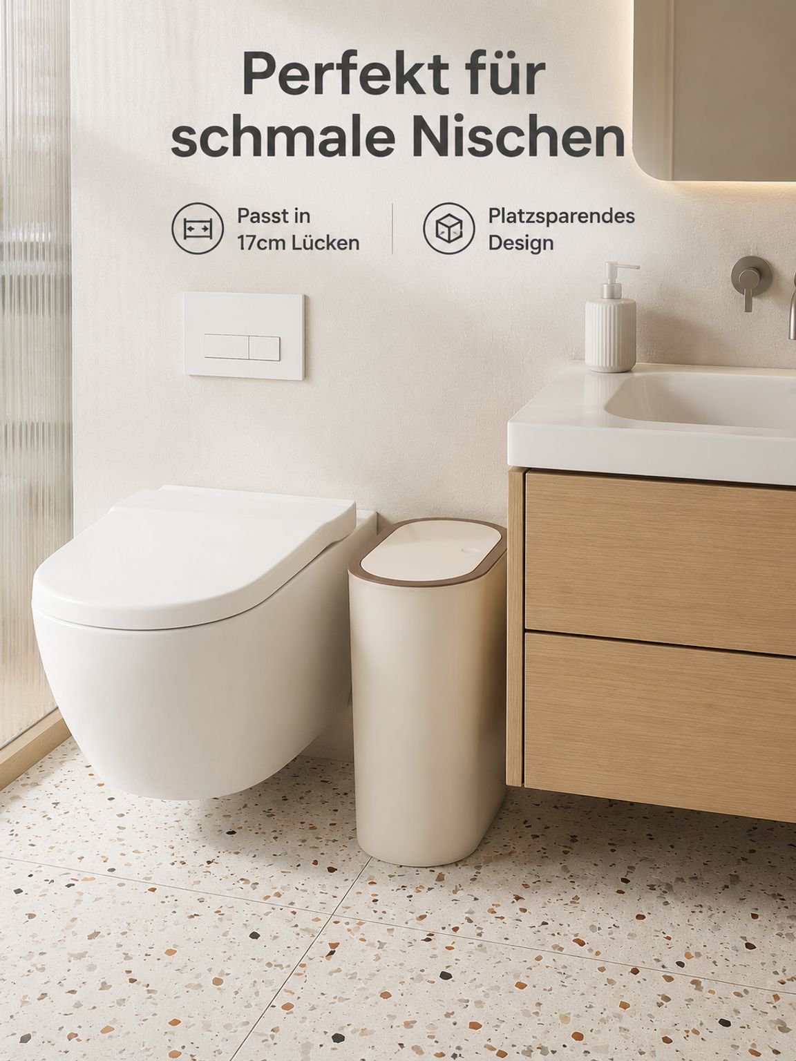 Schlanker, geruchsdichter Mülleimer für Badezimmer, großer Aufbewahrungseimer mit Druckdeckel
