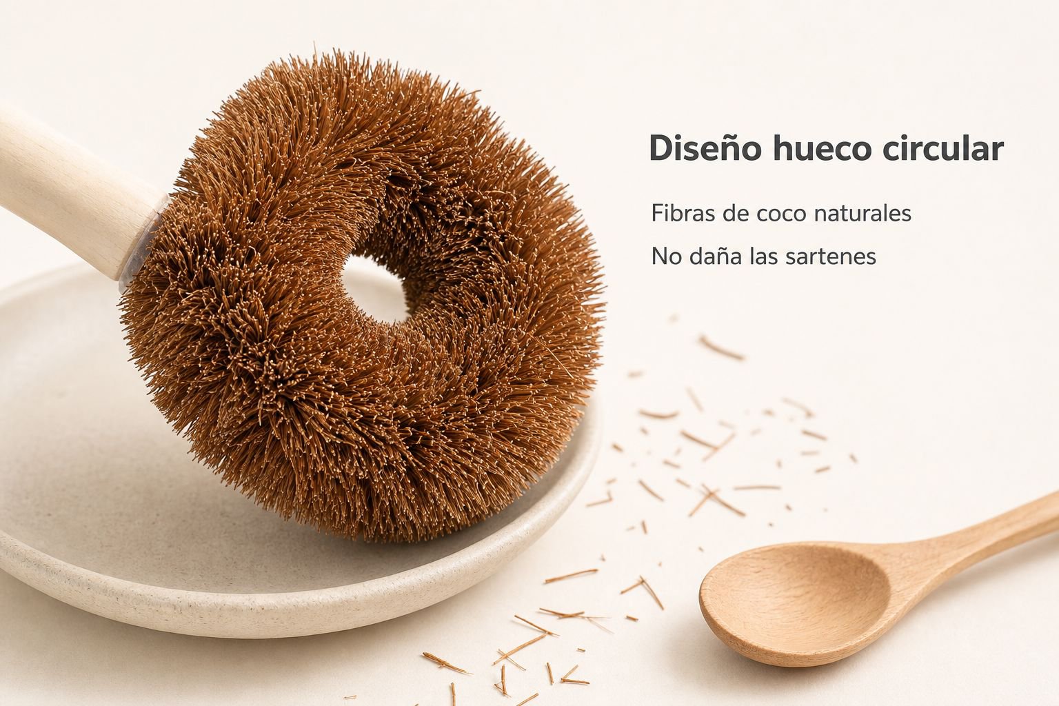 Cepillo para lavar ollas de fibra de coco natural con mango largo