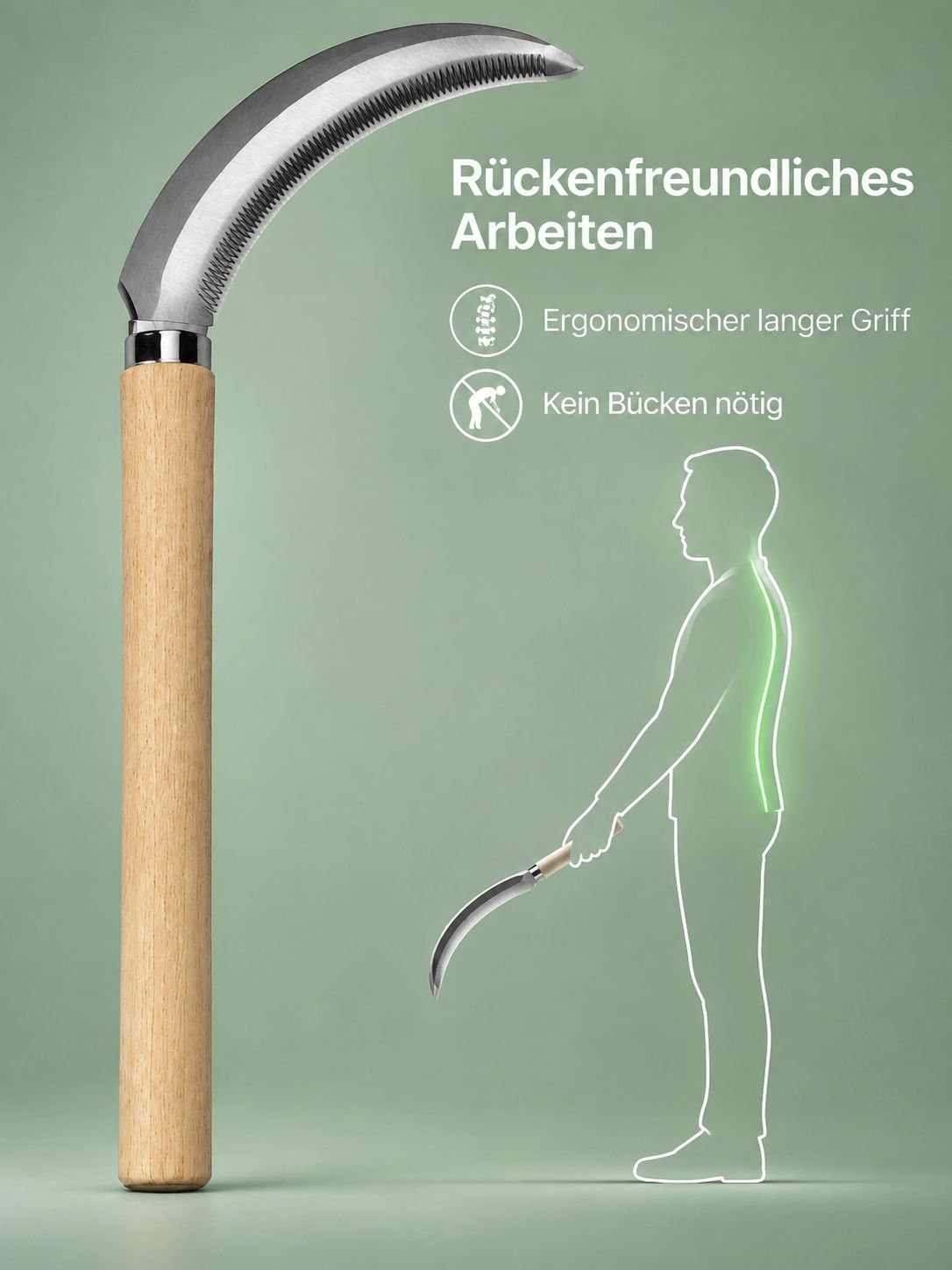 Ganzstahl/Edelstahl Langstielige Sägezahnsichel Multifunktionale Unkrautsichel