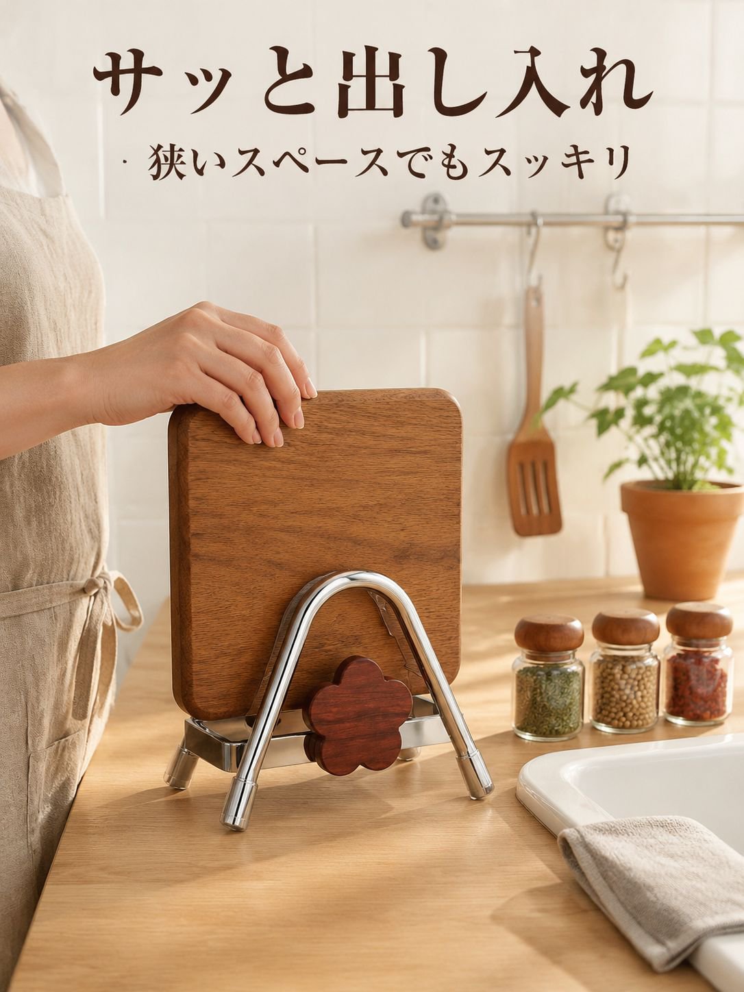 多機能ヴィンテージスタイルの厚みのあるブナ材まな板ラック