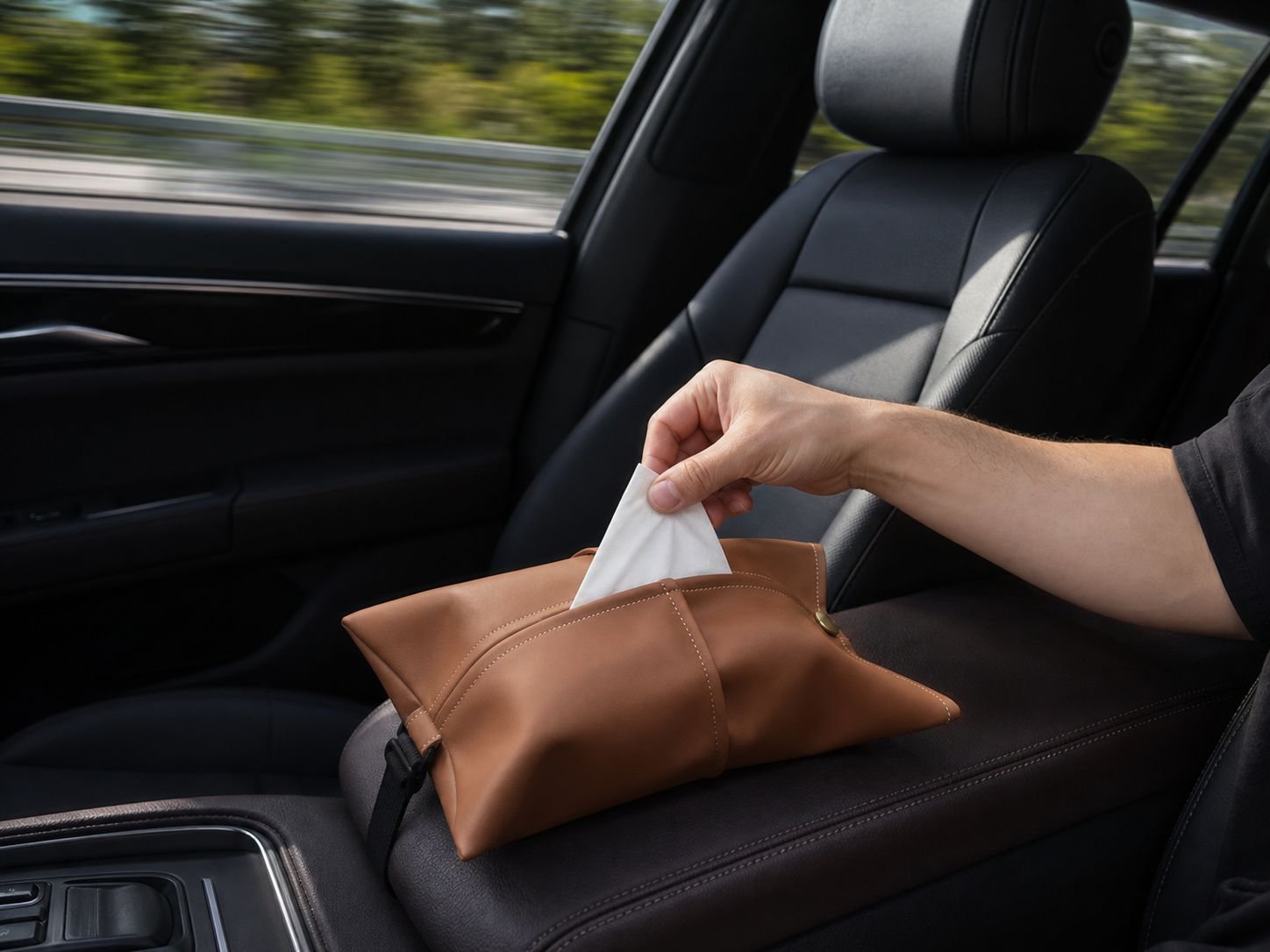 Car tissue box mounted on seat for convenience