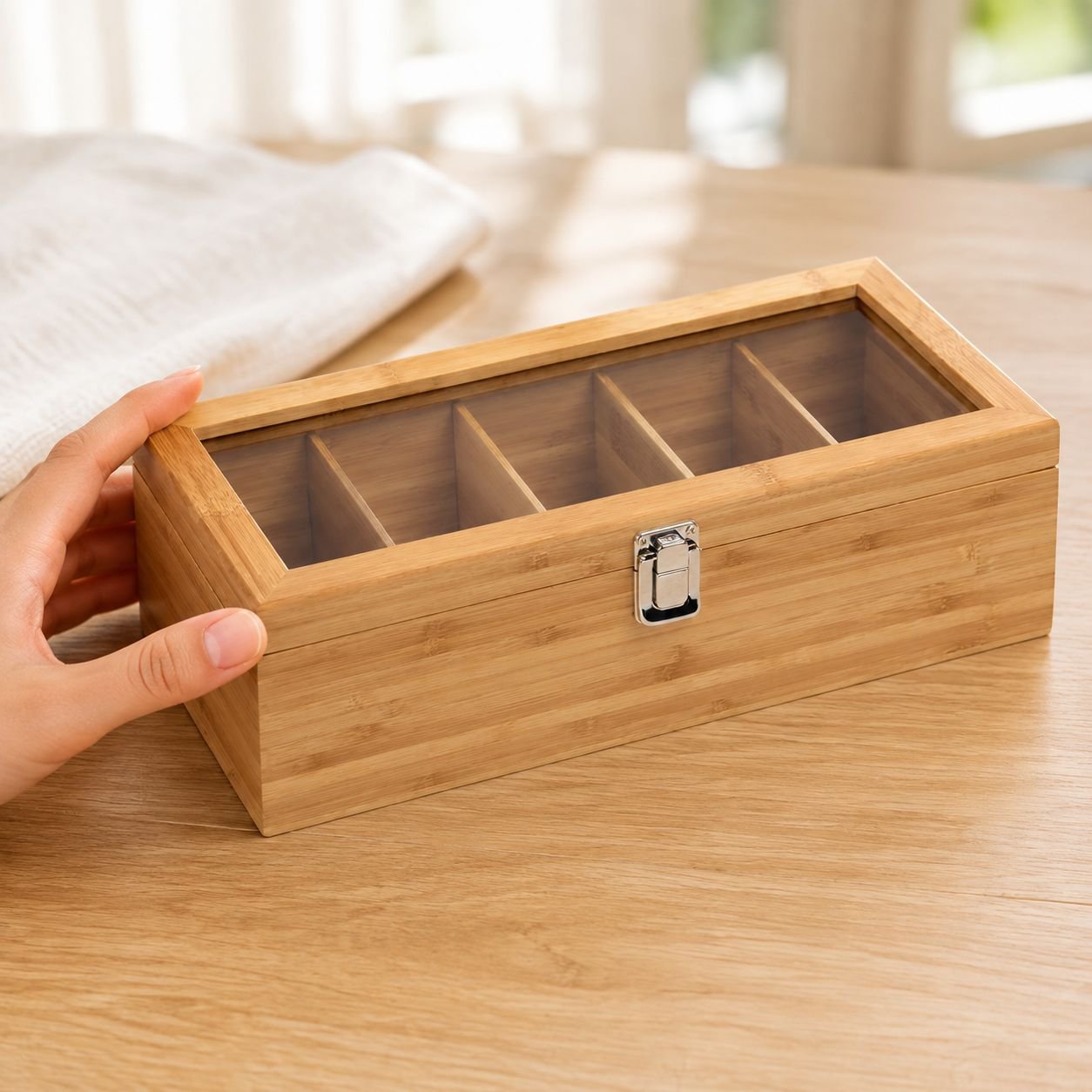 Wooden tea and coffee storage box on desktop