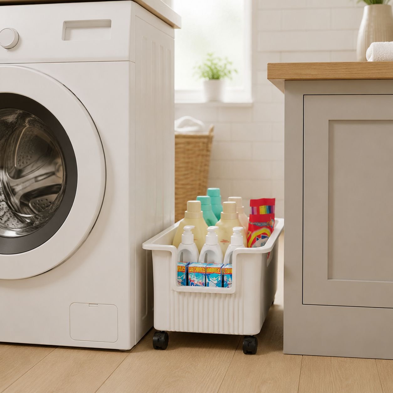Movable bathroom under sink laundry rack installed