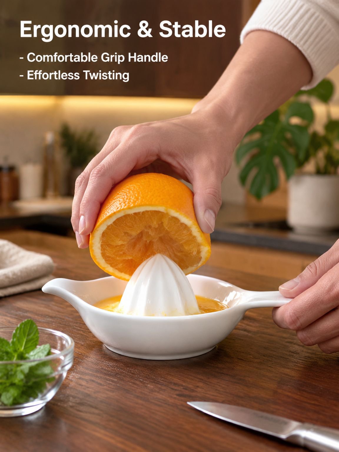 Manual ceramic lemon squeezer on a kitchen countertop
