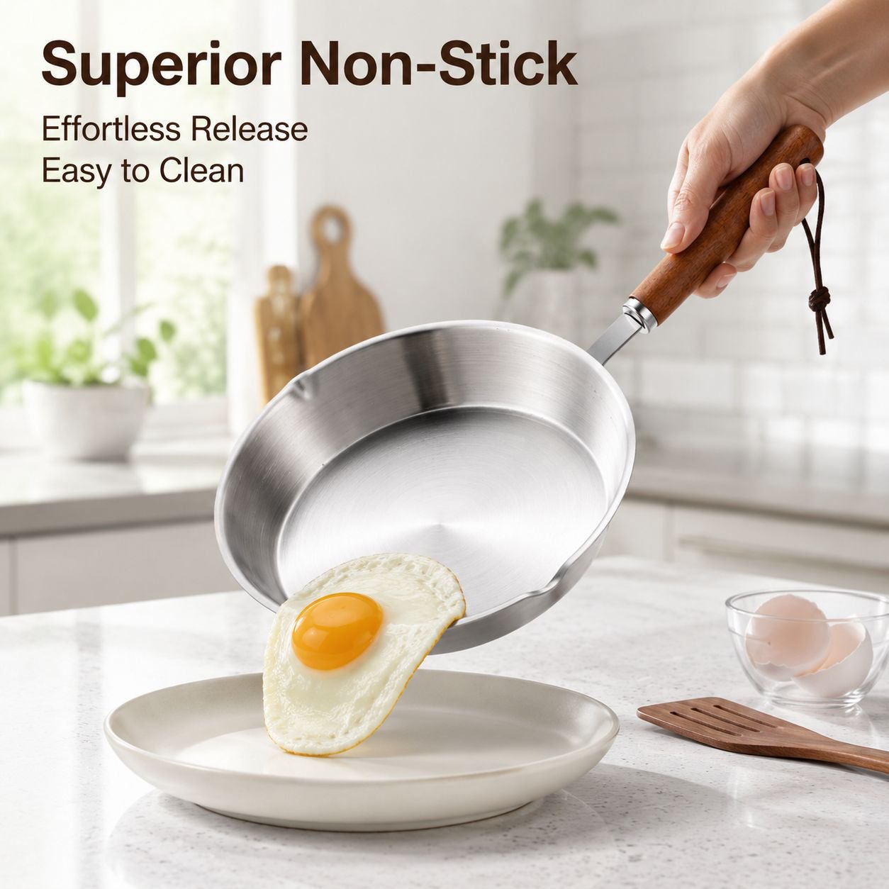 Stainless steel frying pan for frying eggs