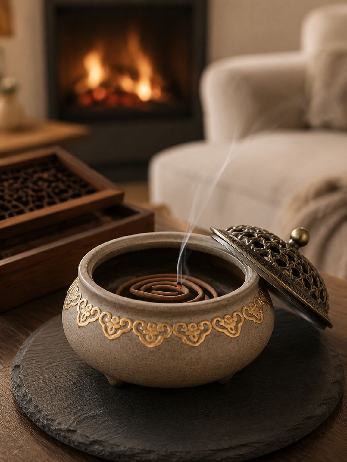 Poêle à encens antique doré en céramique pour maison et méditation
