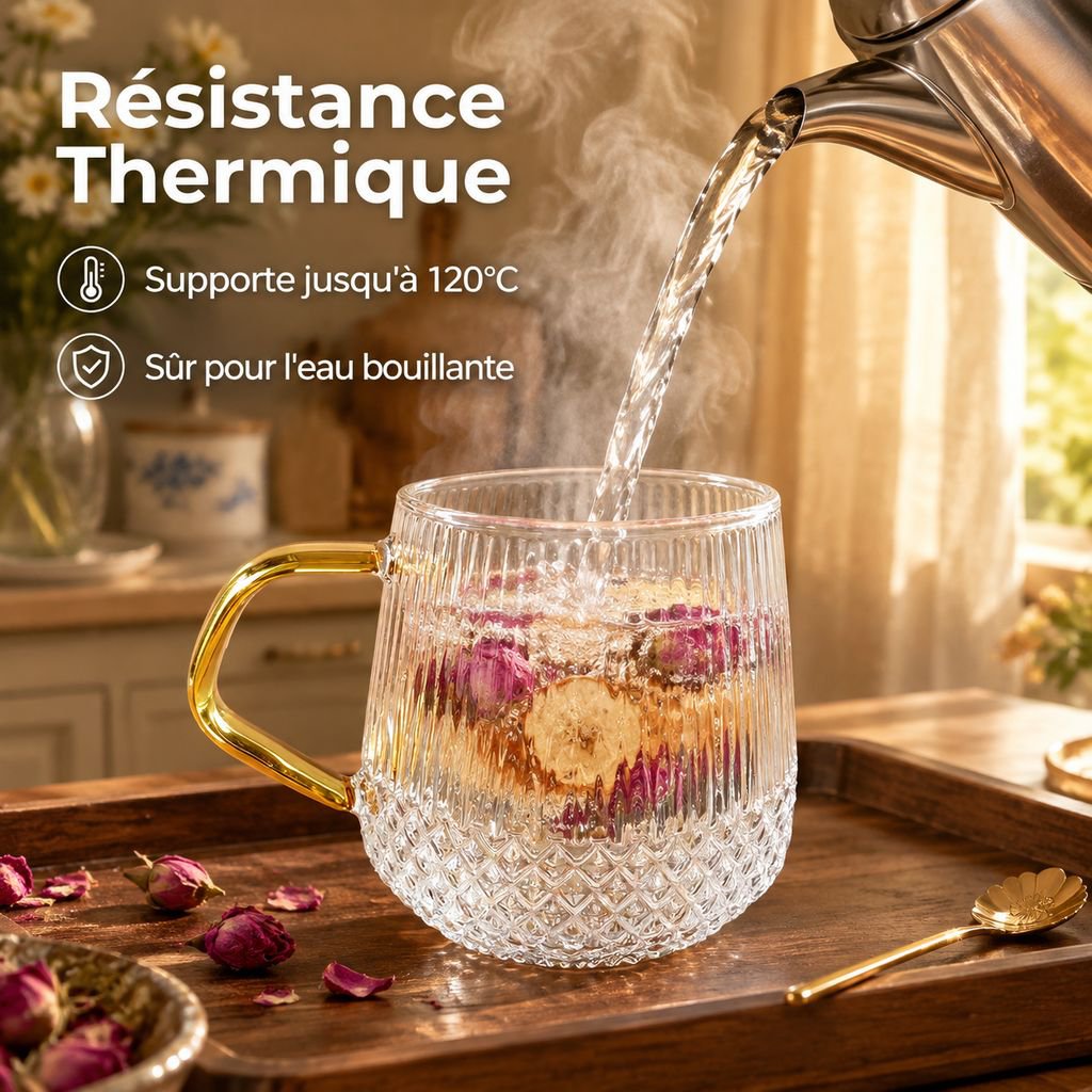 Tasse en verre rayé avec anse ergonomique sur table