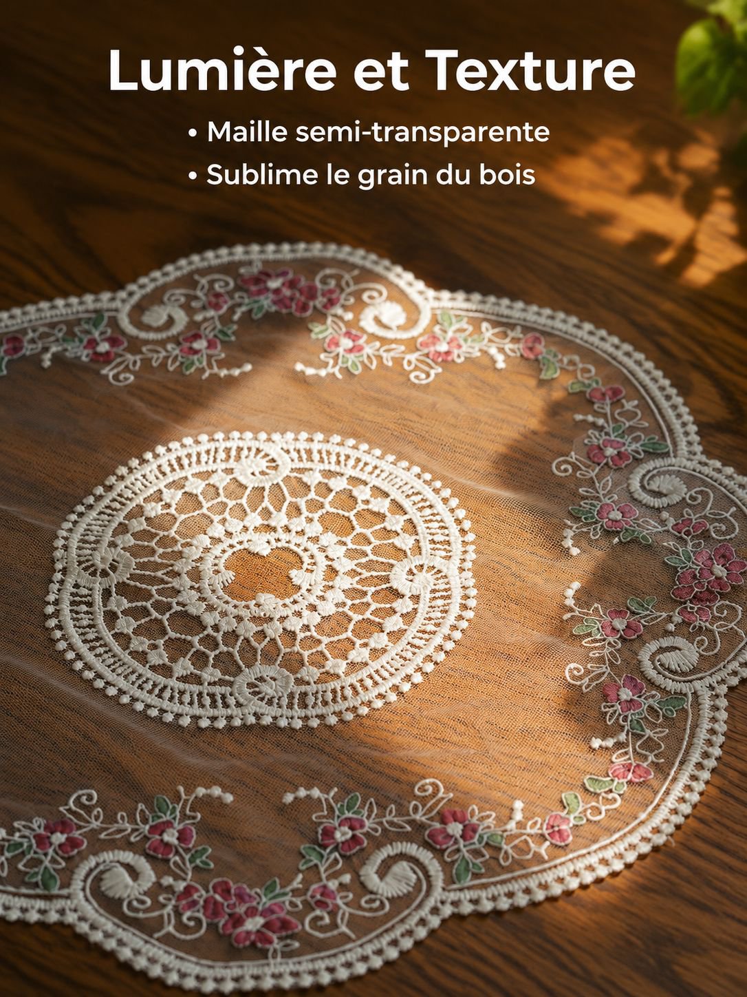 Tapis de table en tissu décoratif et rustique avec broderie en dentelle française style 
