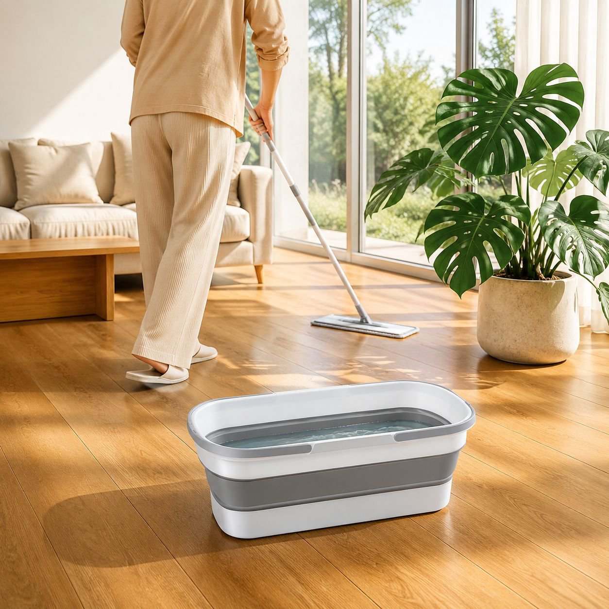 Foldable rectangular flat mop bucket 55cm in use