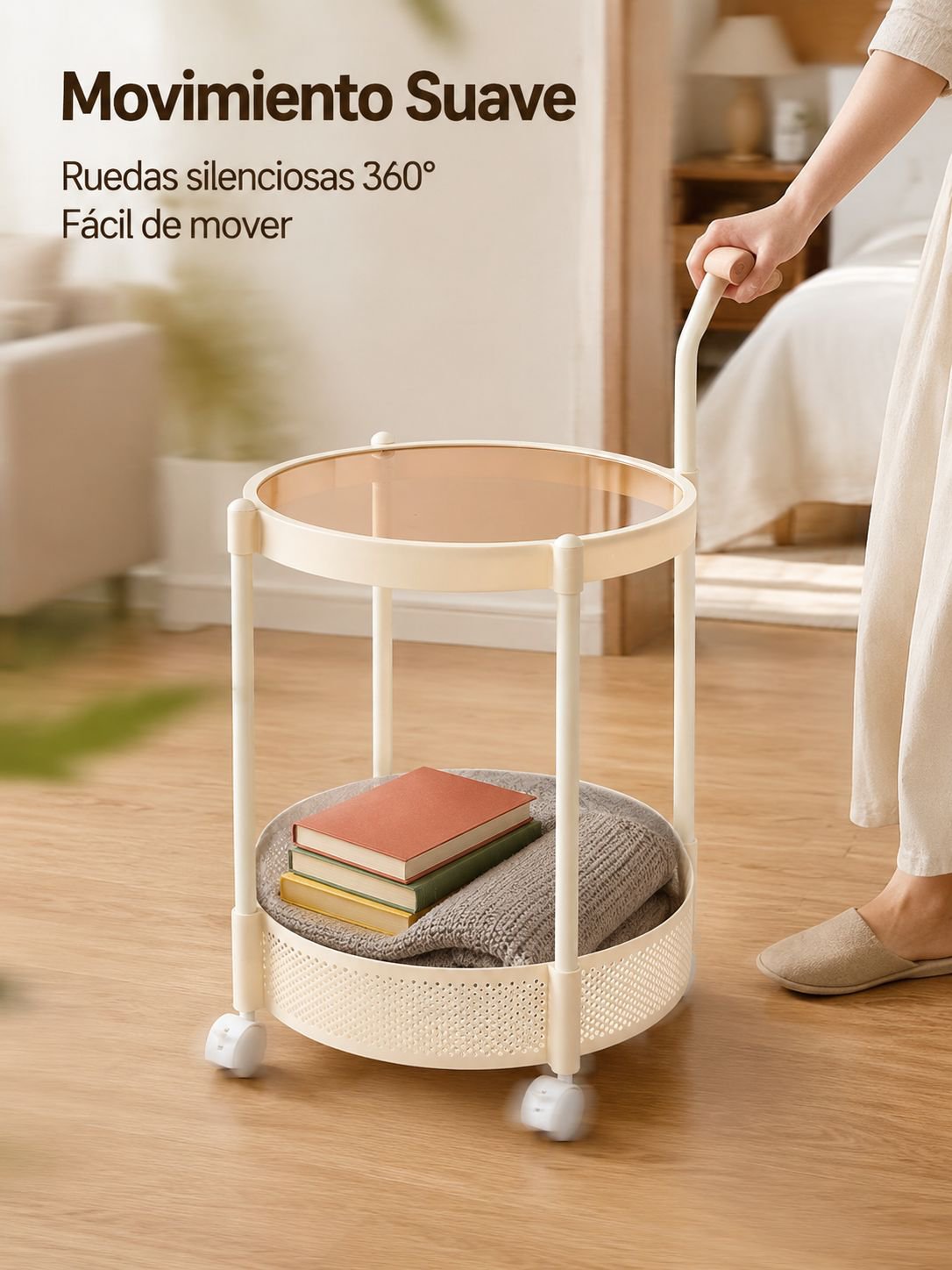 Mesa auxiliar con carrito de cristal móvil