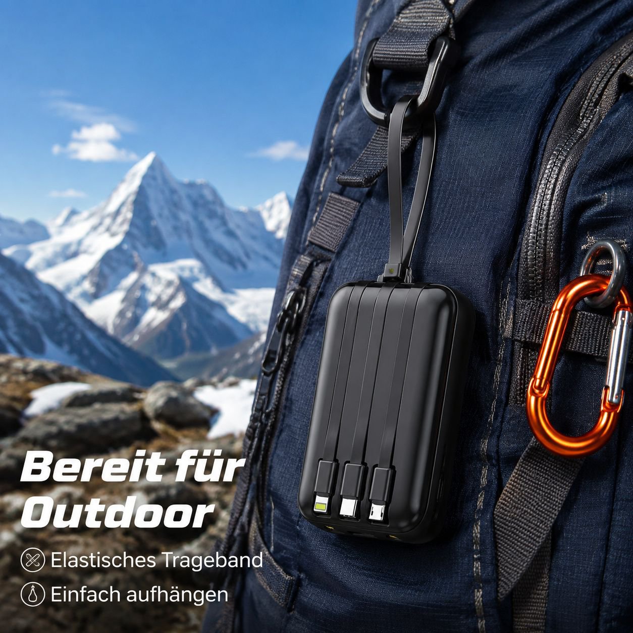 Powerbank mit 20000mAh und vier integrierten Ladekabeln