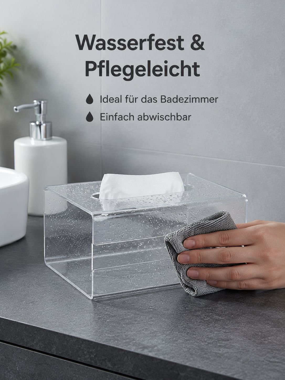Transparente Aufbewahrungsbox für Taschentücher im Wohnzimmer