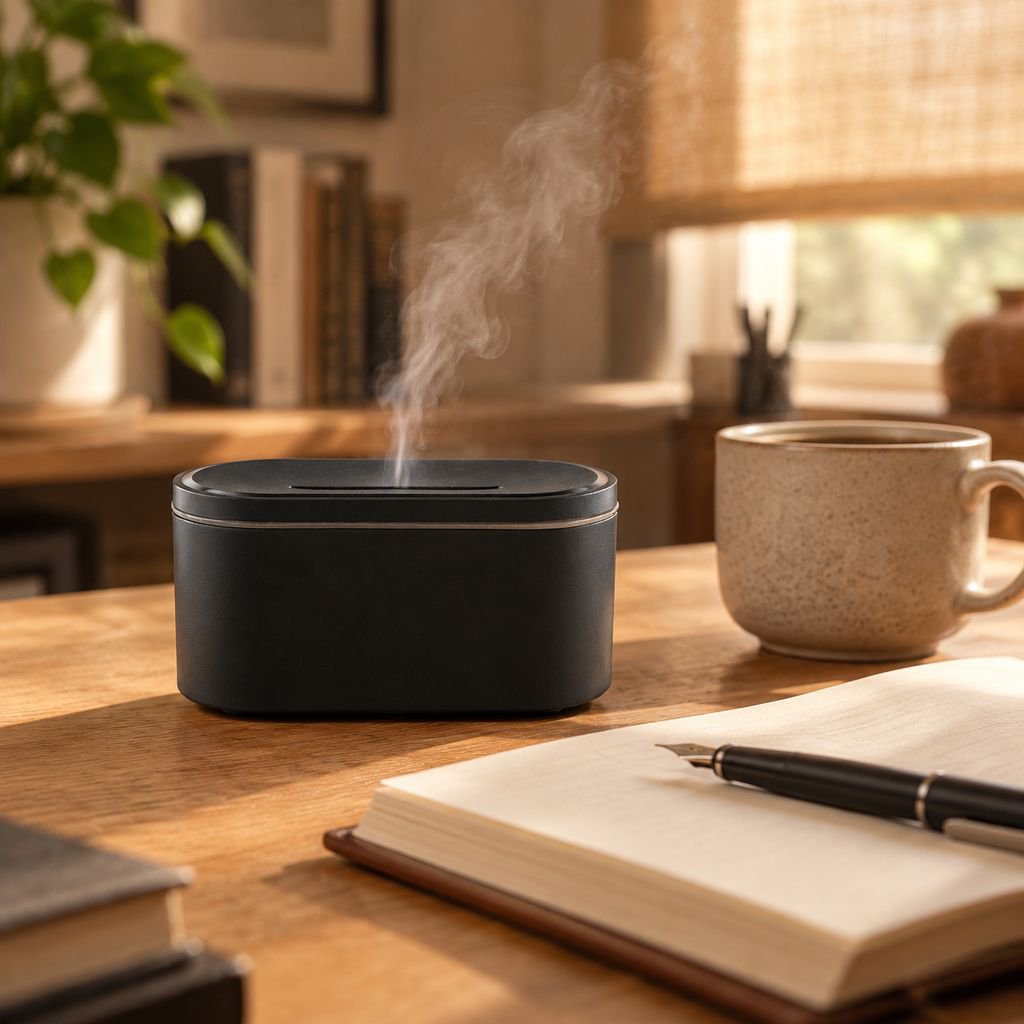 Close-up of desktop humidifier with realistic flame effect
