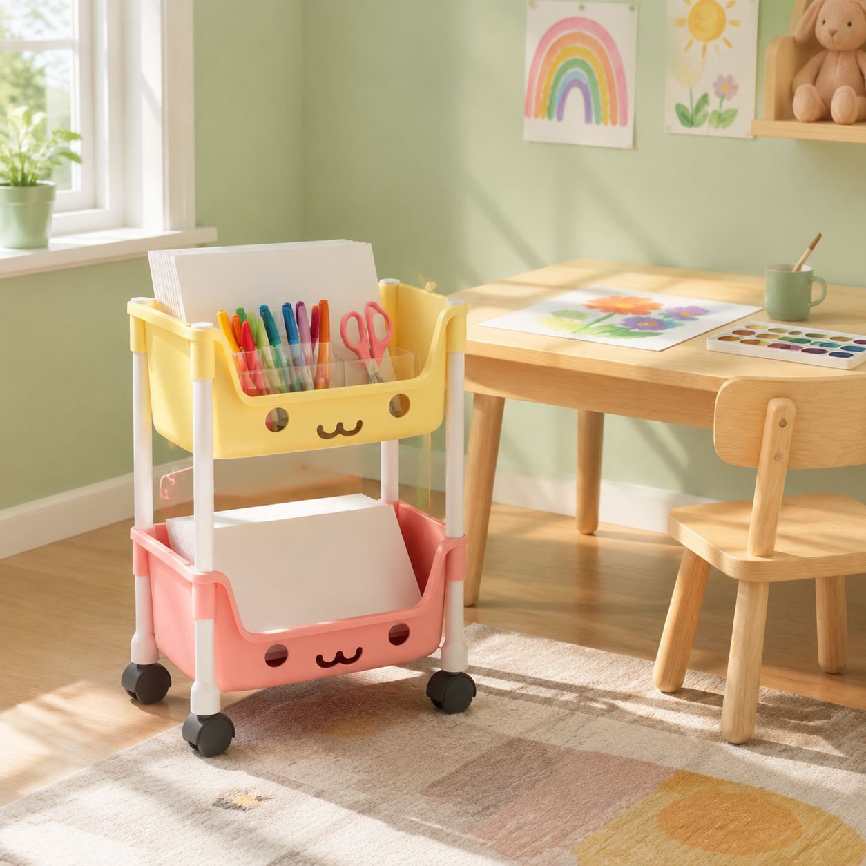 Children’s toy organizer shelf with books