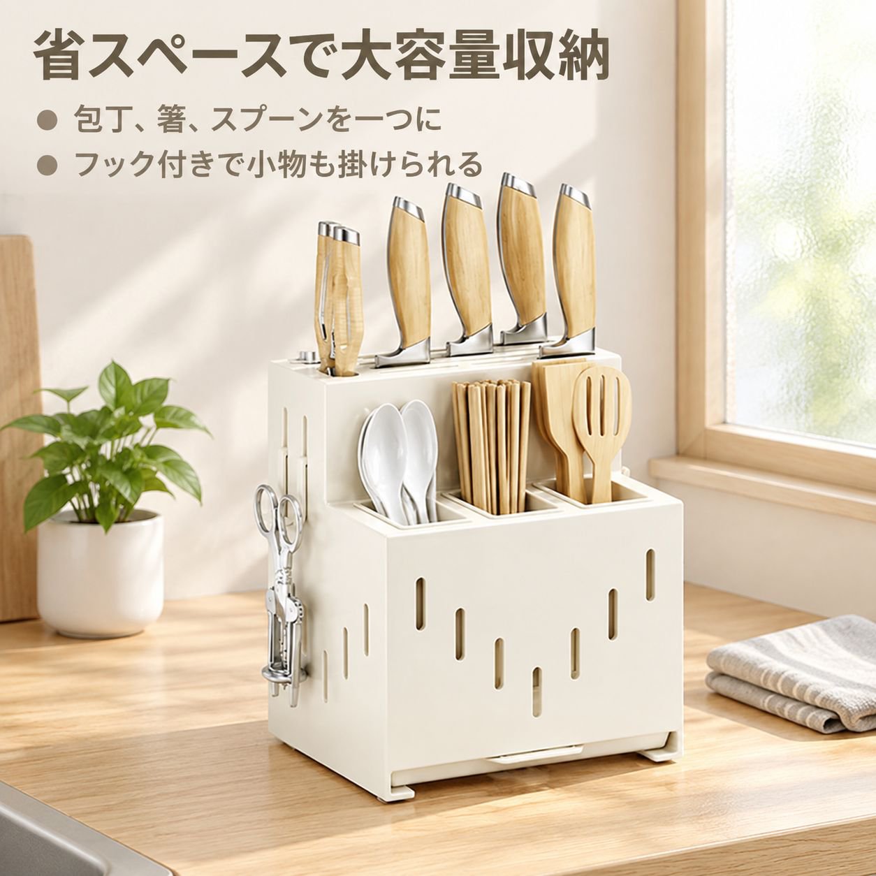 穴あけ不要の壁掛け式キッチンカウンター用炭素鋼製包丁・箸ラック
