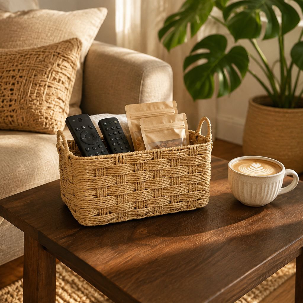 Panier de rangement décoratif pour bureau en matériaux naturels