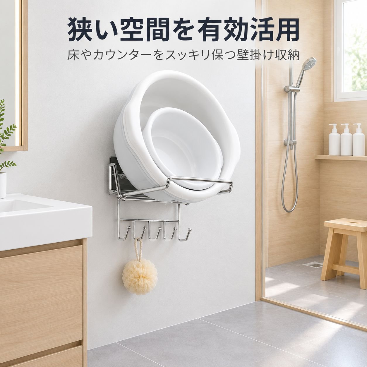 ステンレス製折りたたみ洗面器ラック 穴あけ不要 壁掛け式浴室収納ラック