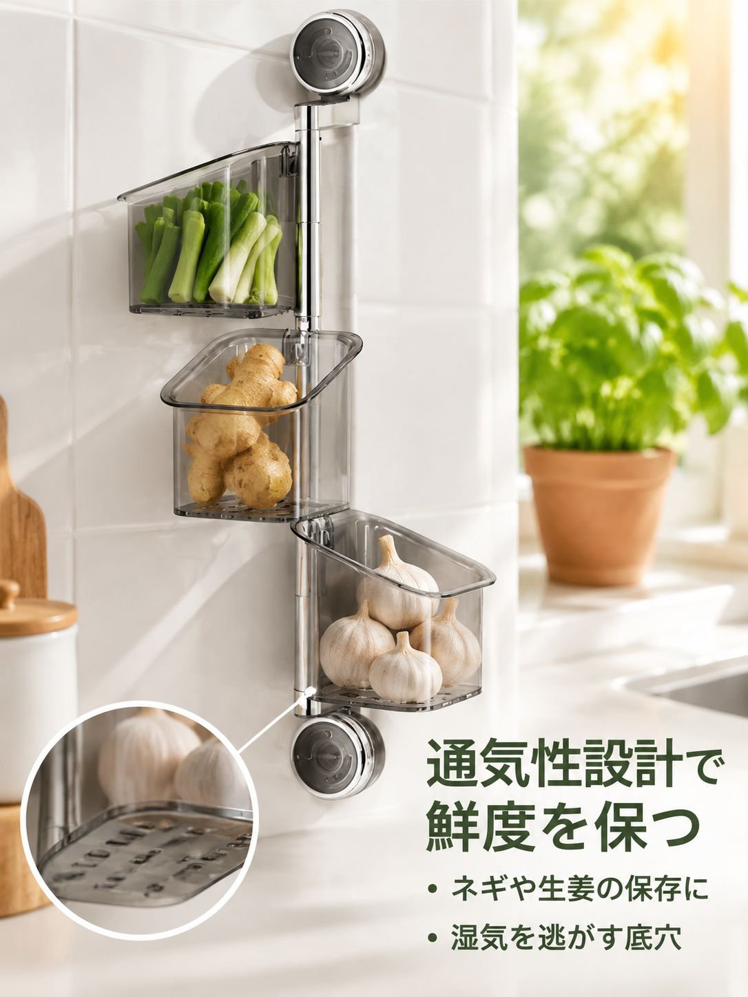 ダブル吸盤収納ボックス葱生姜ニンニク用キッチン回転ラック