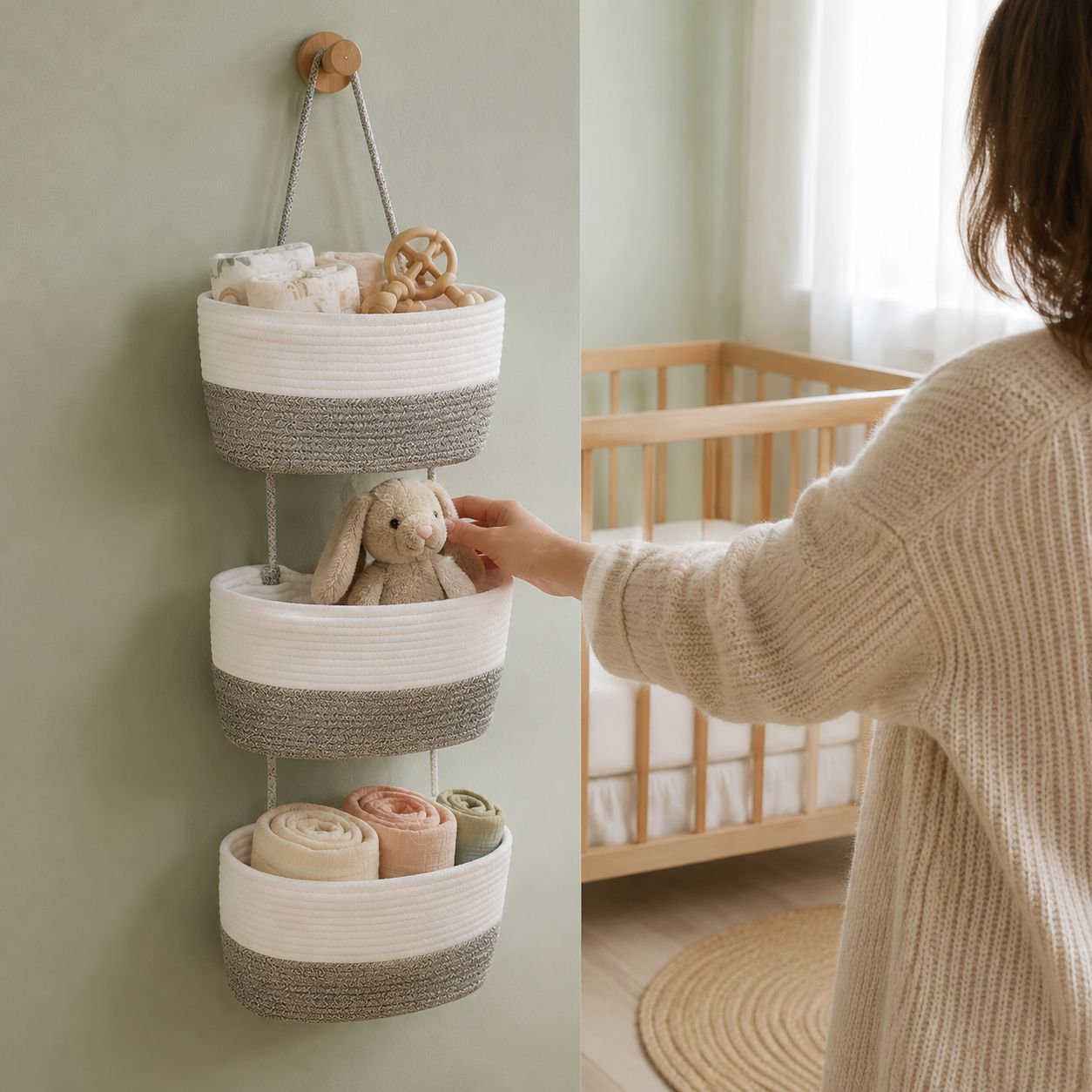 JMY panier suspendu à trois couches panier de rangement tissé en corde de coton