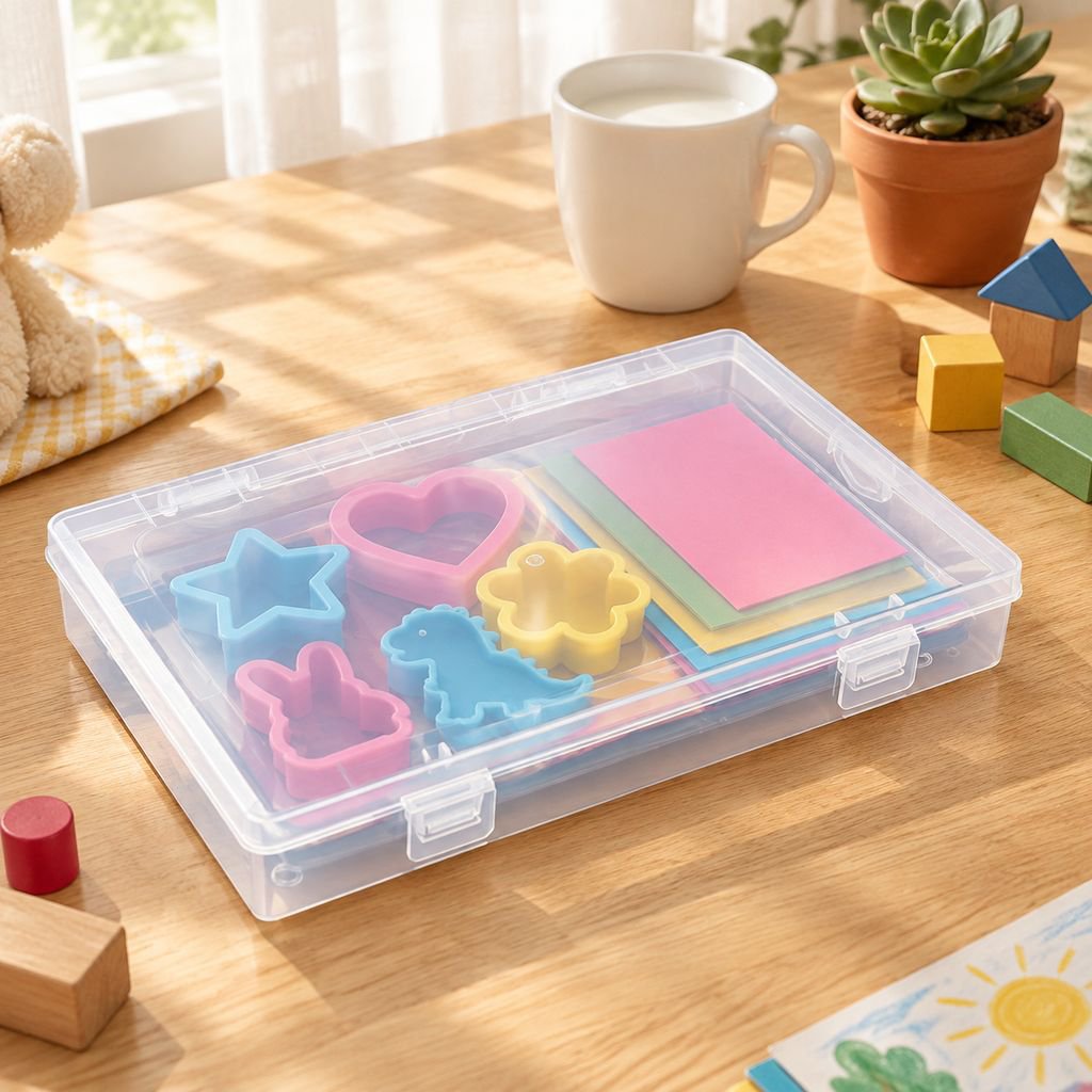 Caja de plástico transparente organizando juguetes infantiles