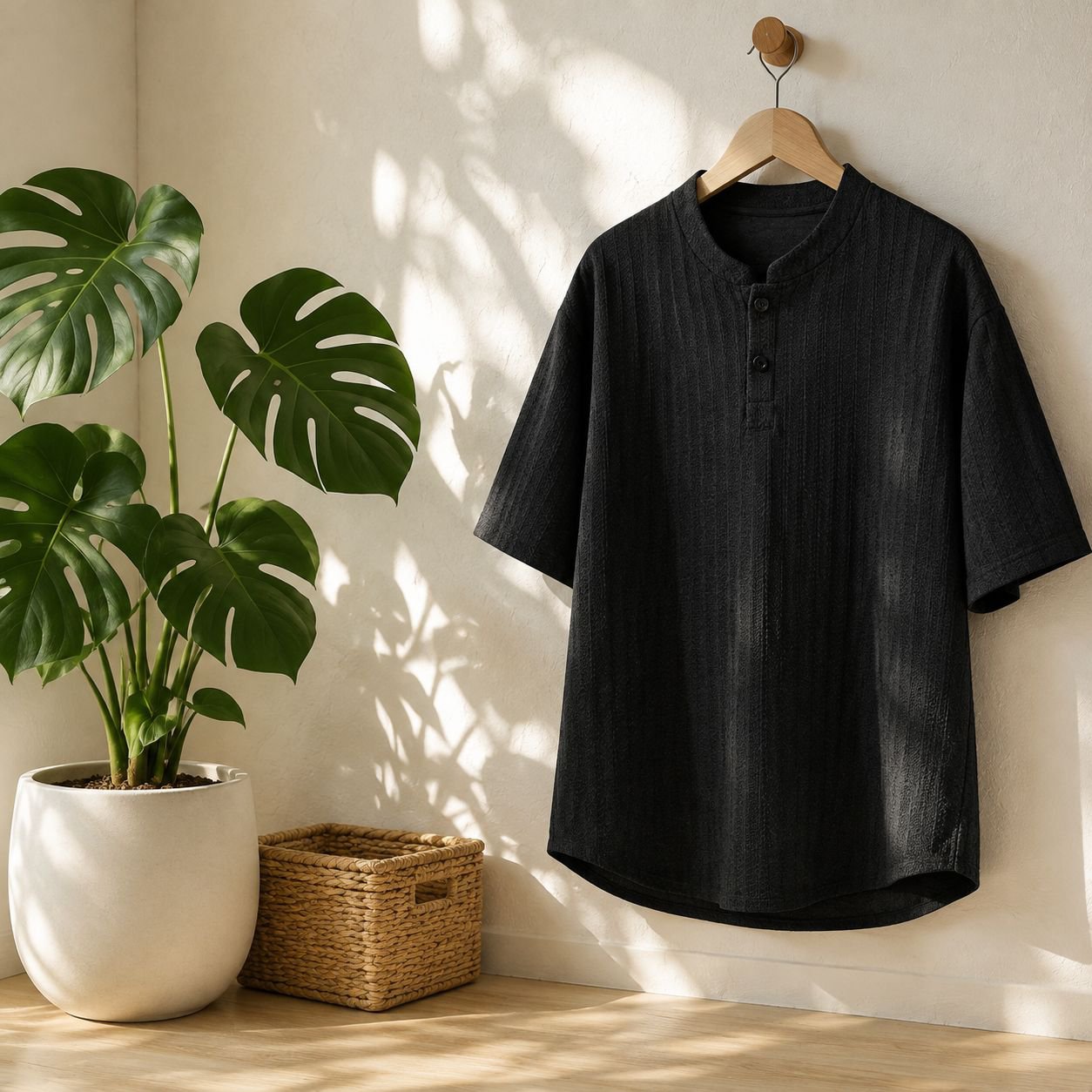 メンズ向け新作半袖Tシャツ。夏にぴったりのカジュアルなゆったりとした半袖、トレンド感のあるヘリンボーン柄のヘンリーネックトップス。