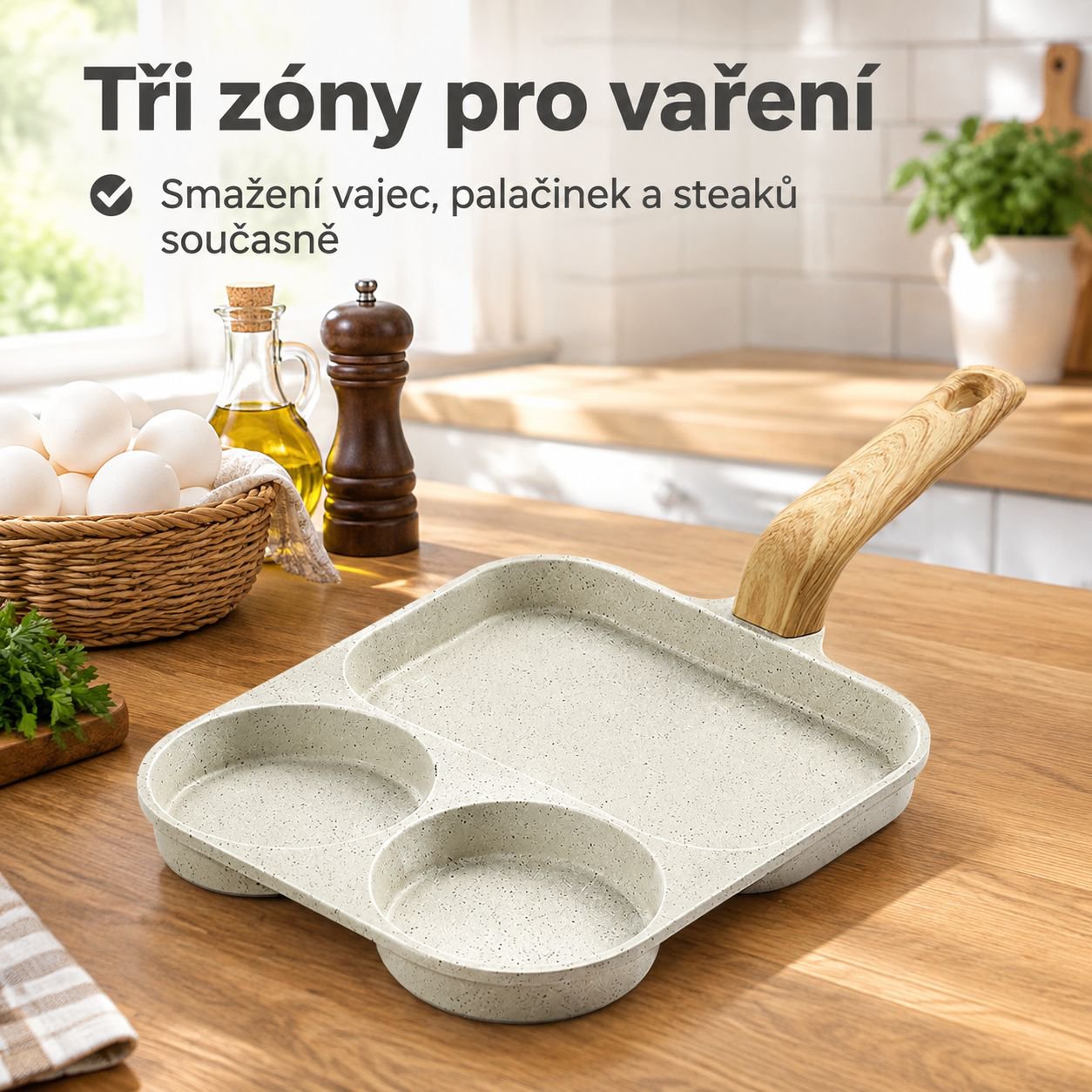 Nepřilnavá dělená snídaňová pánev 3v1 na volská oka, lívance, hamburgery a steaky