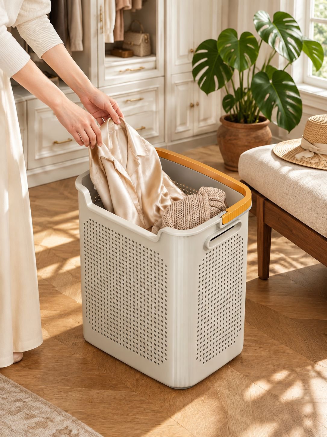 Corbeille à linge moderne et minimaliste en blanc crème