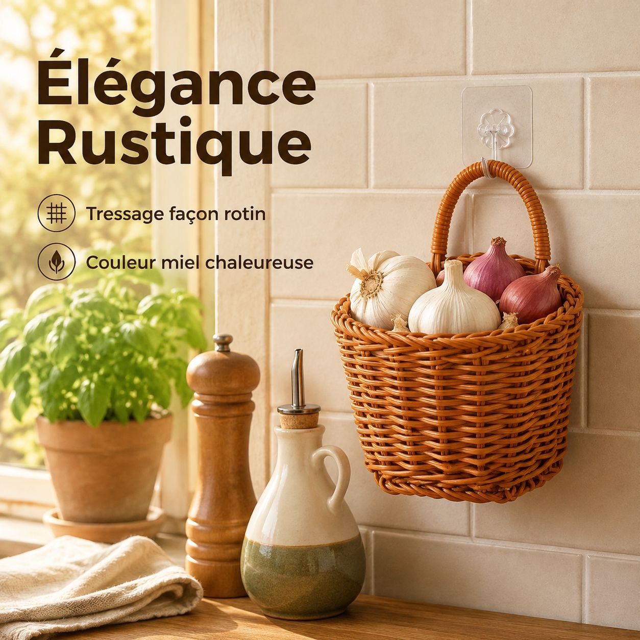 Panier de rangement multifonction en rotin synthétique pour gingembre et ail