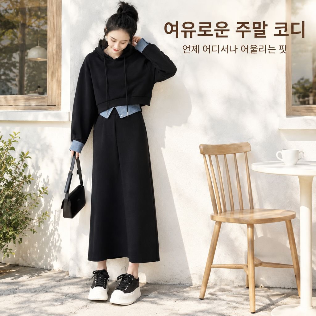 빅사이즈 여성 가을 후드 세트패션 트렌디한 날씬해 보이는 미디스커트 투피스
