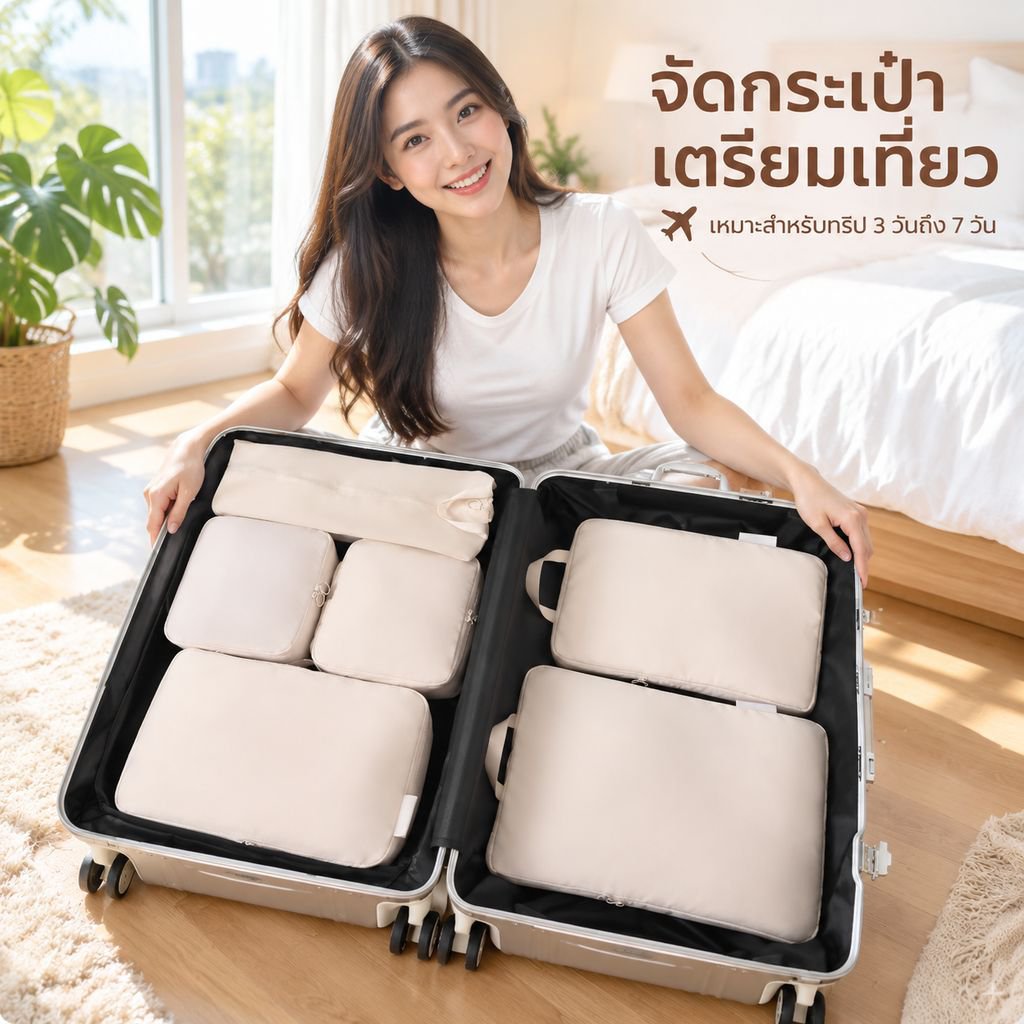 ชุดกระเป๋าเก็บเสื้อผ้าสำหรับเดินทางแบบบีบอัดได้ (แพ็ก 6 ชิ้น)