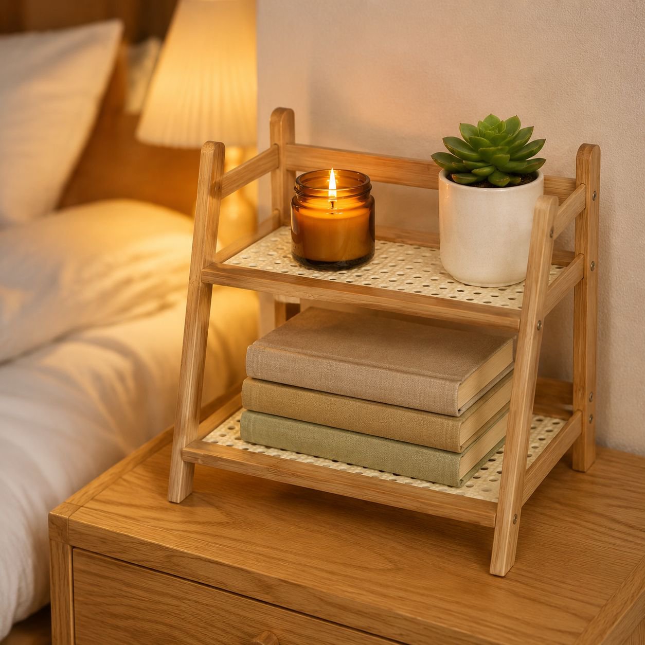 Haushalt Mehrschichtiges kleines Bücherregal aus Kunststoff-Rattan, cremefarbenes Küchenregal
