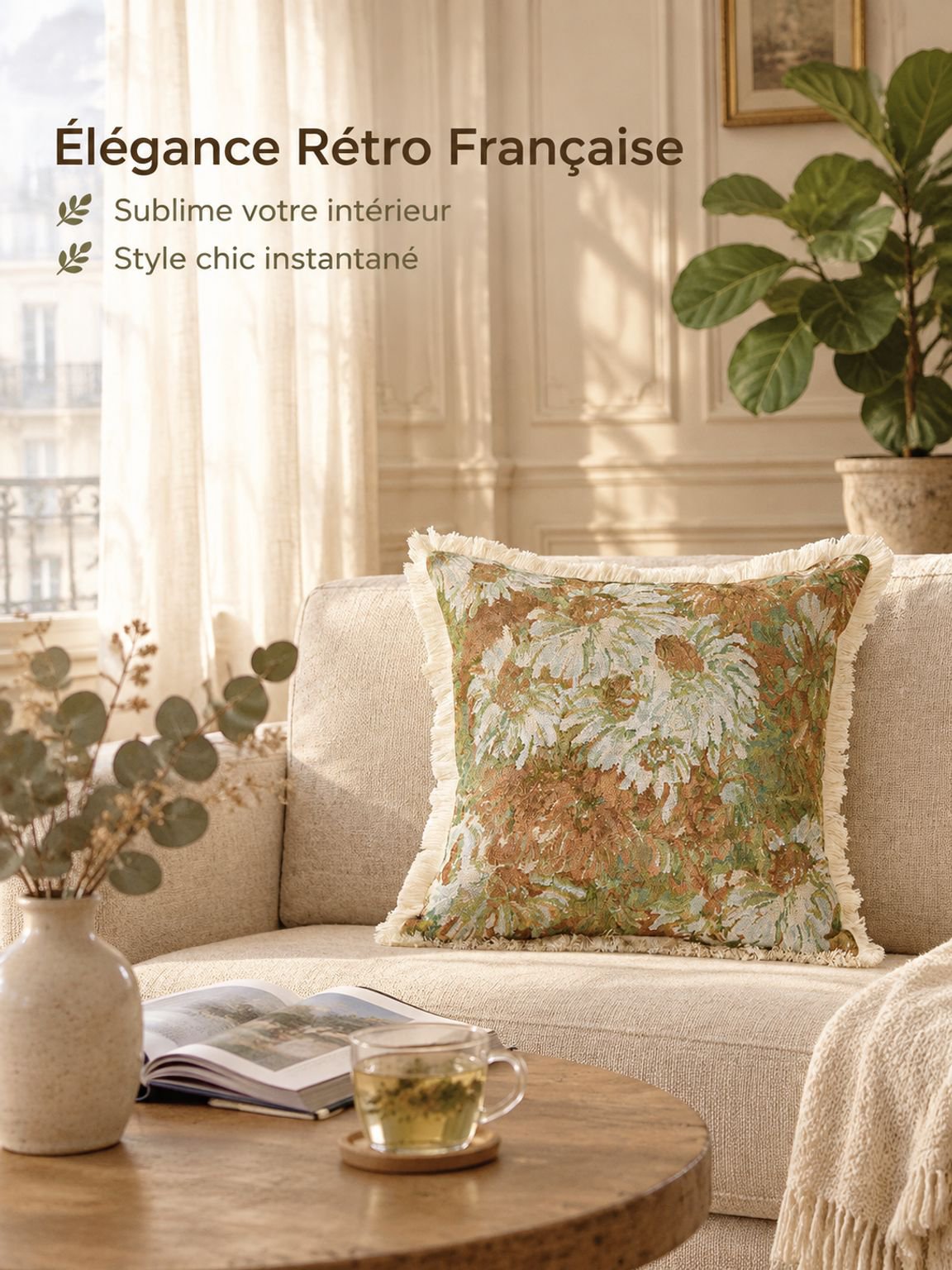 Coussin décoratif rétro en coton et lin