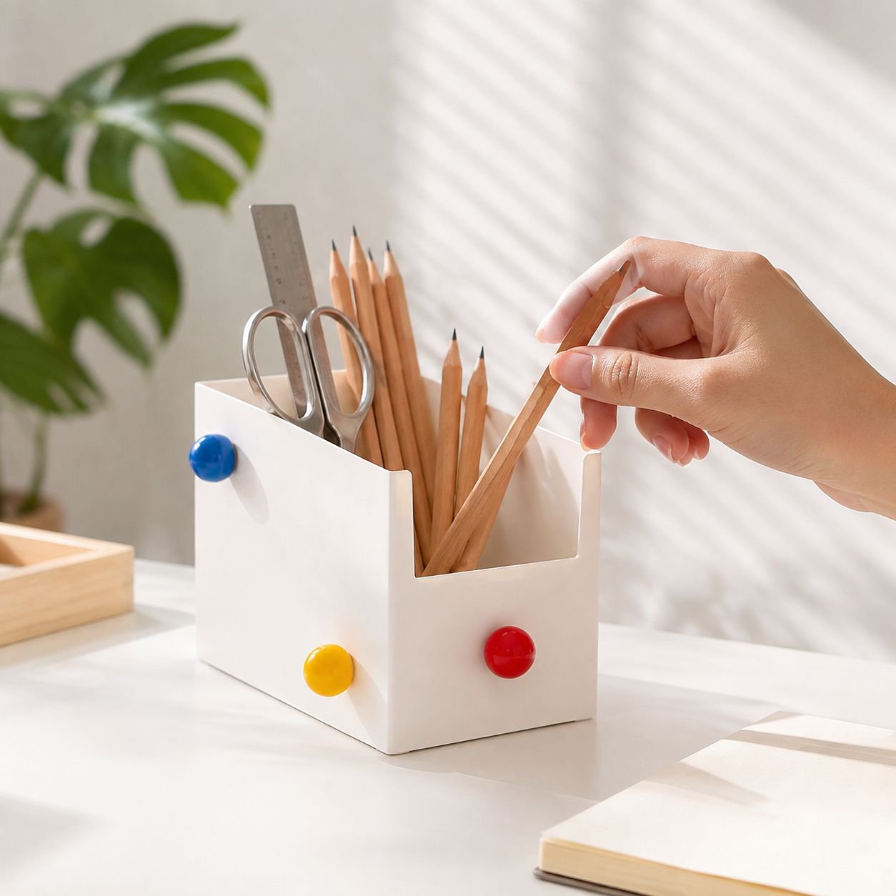 Dormitory desk organized with multi-layer storage box
