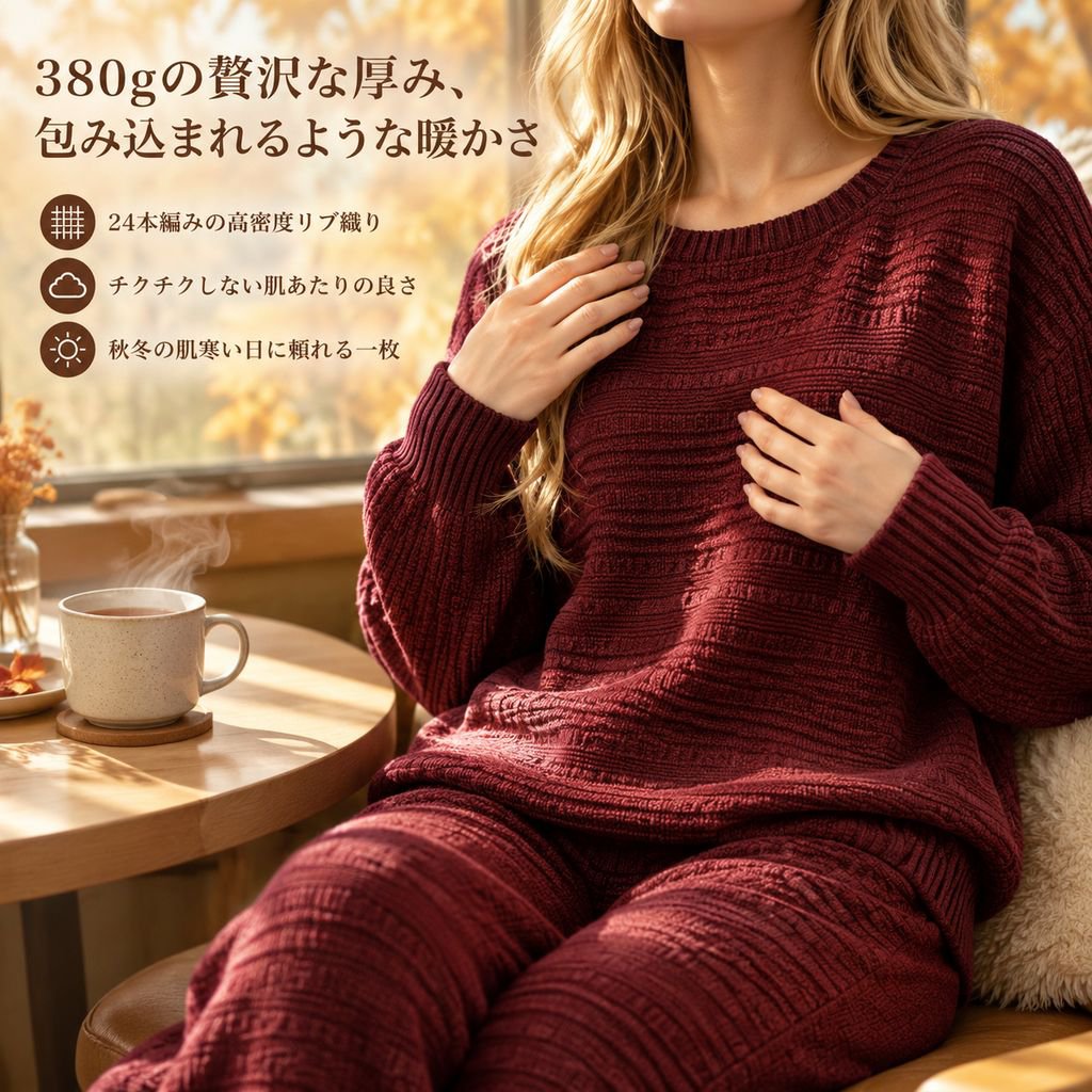 レディース 秋冬 リブニット セットアップ 長袖トップス ワイドパンツ 2点セット カジュアル