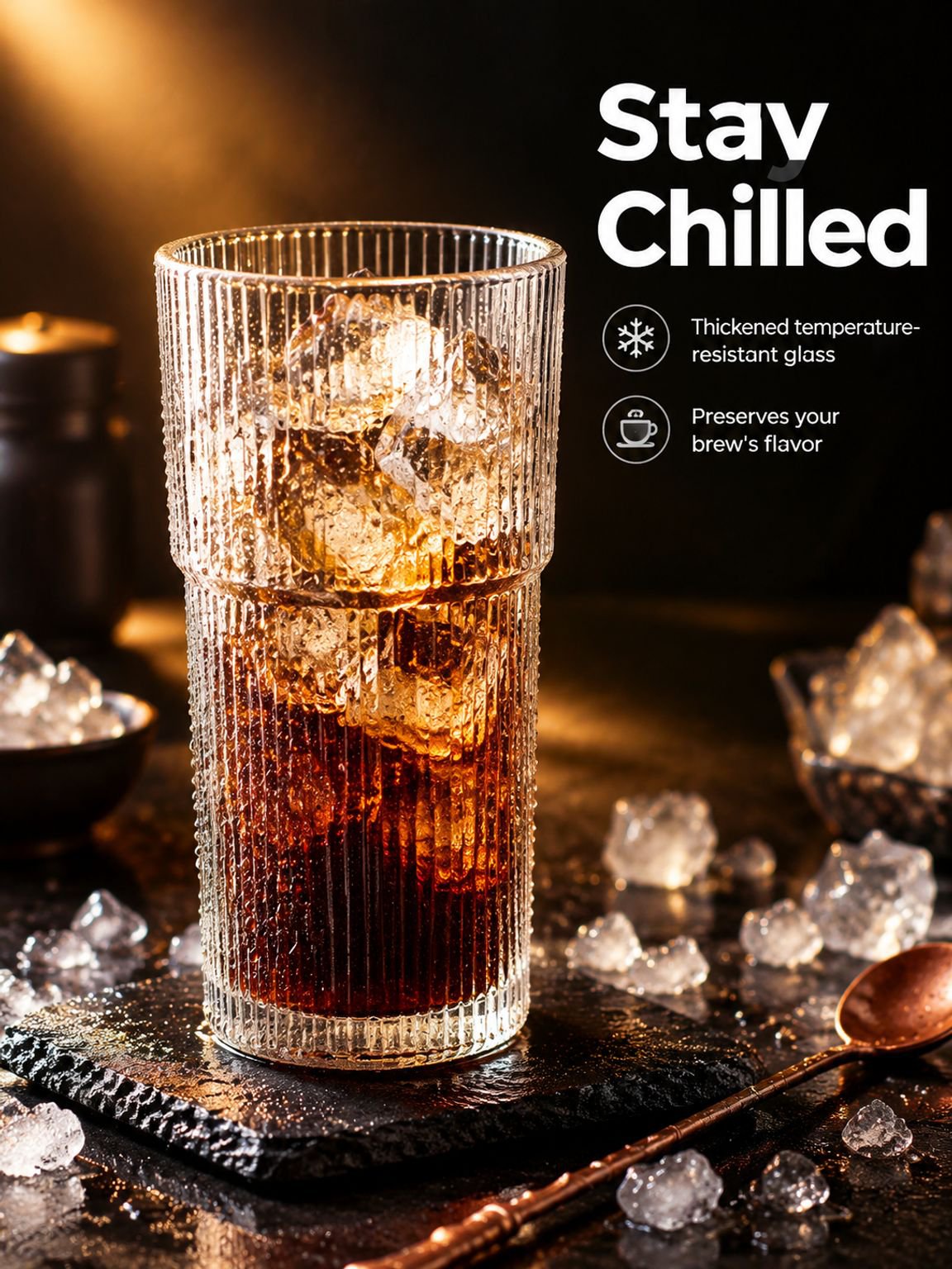 Clear glass coffee cup showcasing its elegant striped design