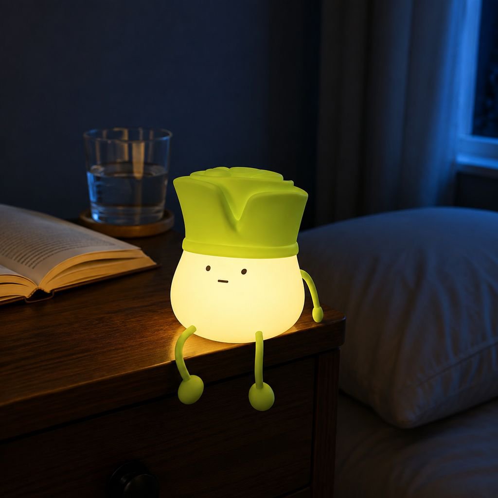 Green Onion Shape Decompression Night Light on bedroom desk
