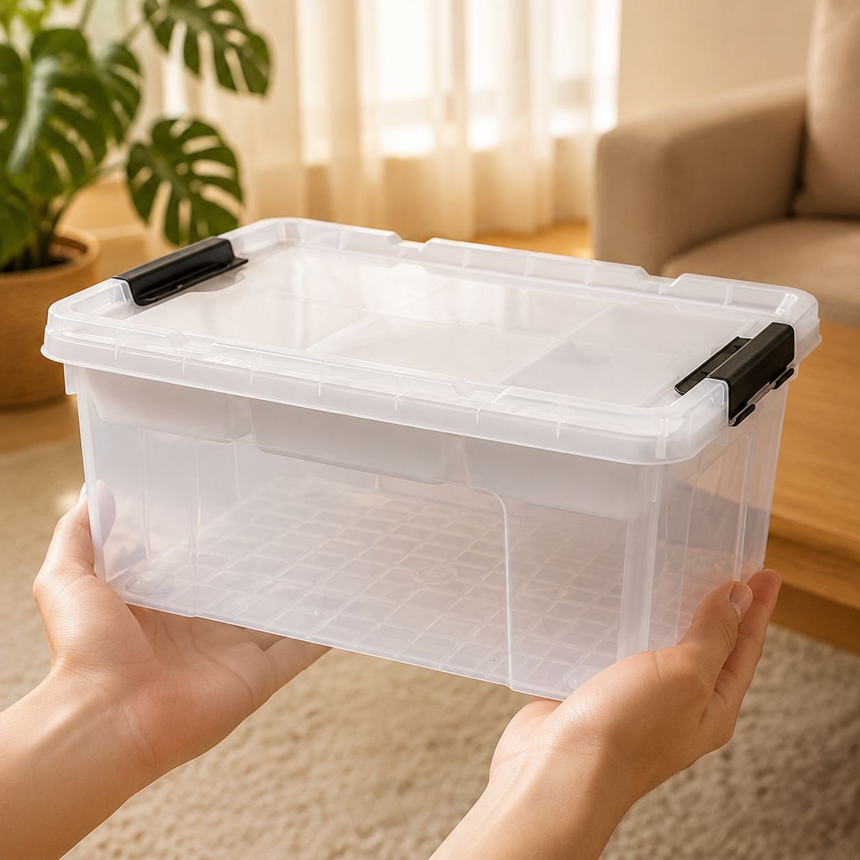 Stackable transparent organizer bin for closet storage