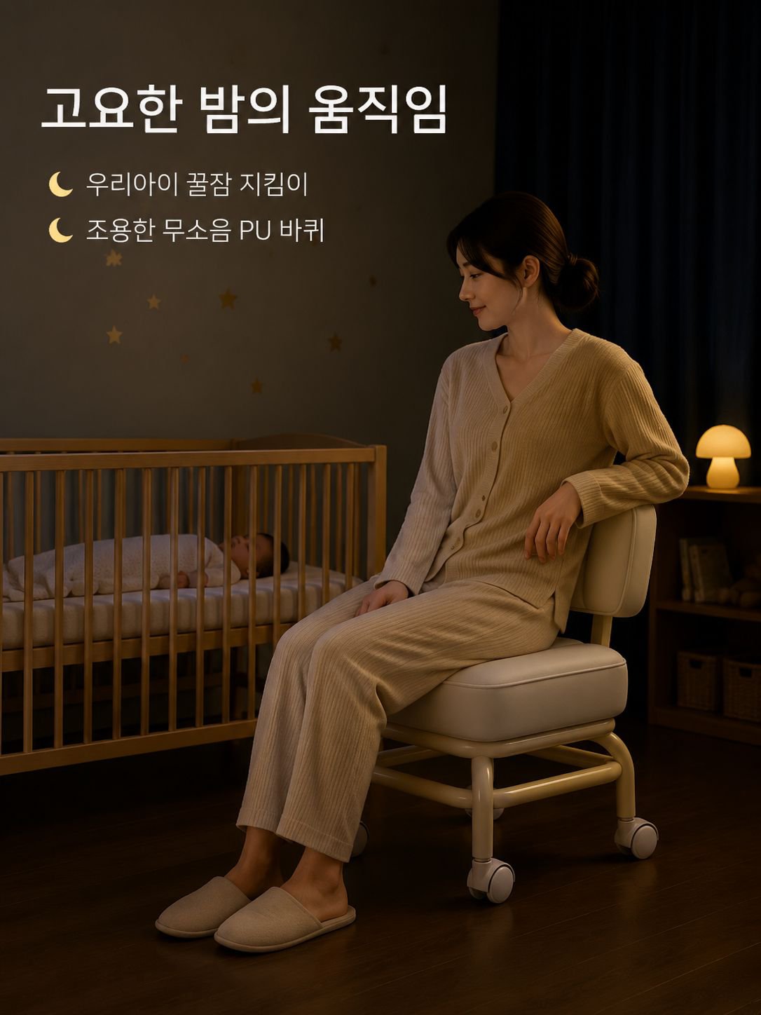 사방으로 회전하는 바퀴가 달린 조용한 벤치