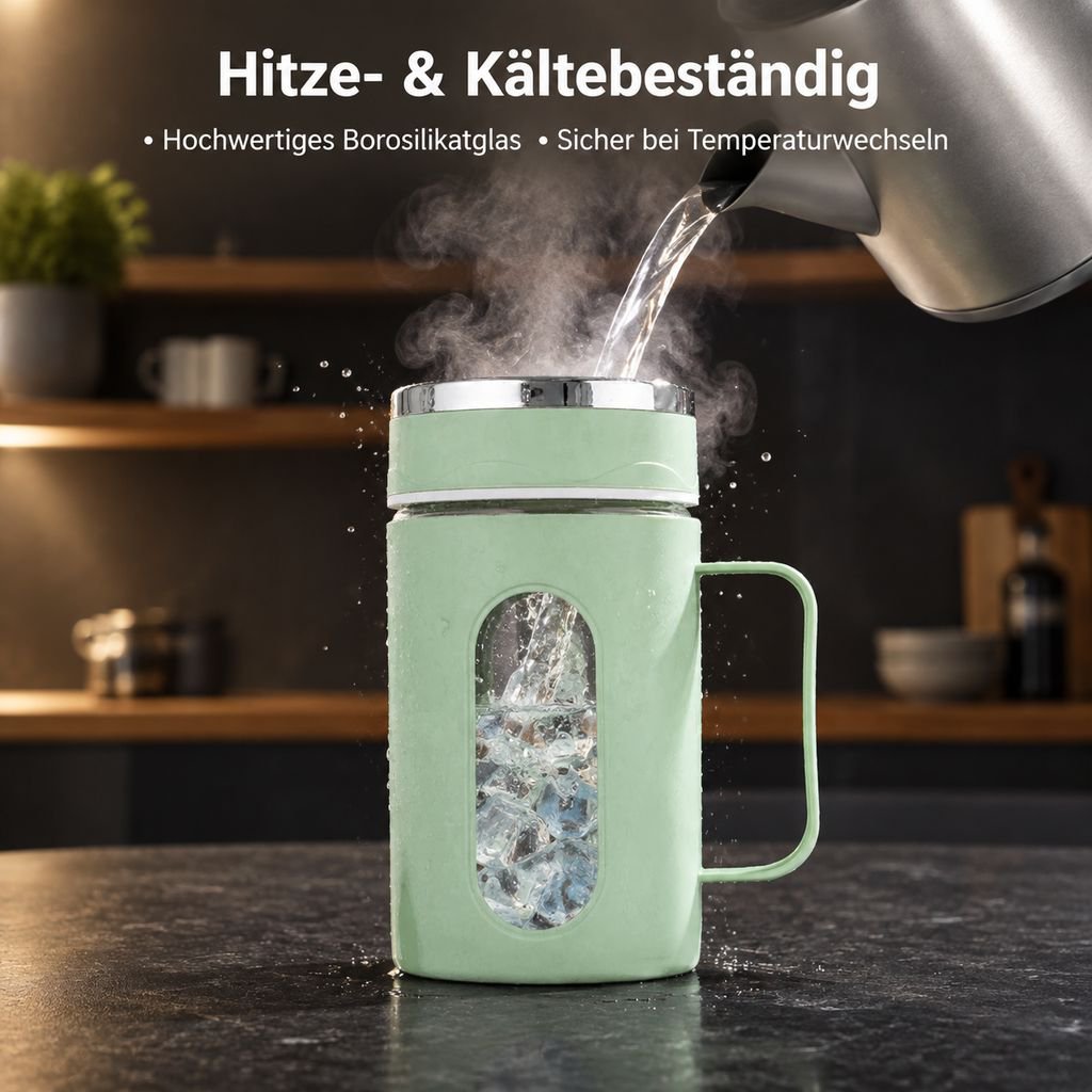 Große, doppelwandige Glastasse mit Henkel