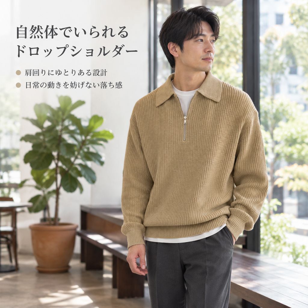 メンズ ハーフジップ ニットセーター 秋冬 厚手 ゆったり ポロ襟 レトロ プルオーバー