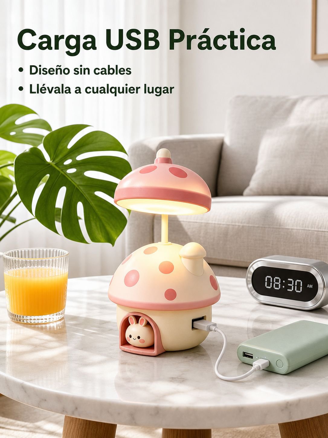 Lámpara de escritorio mini conejo casa de hongo recargable por USB multifuncional para lectura