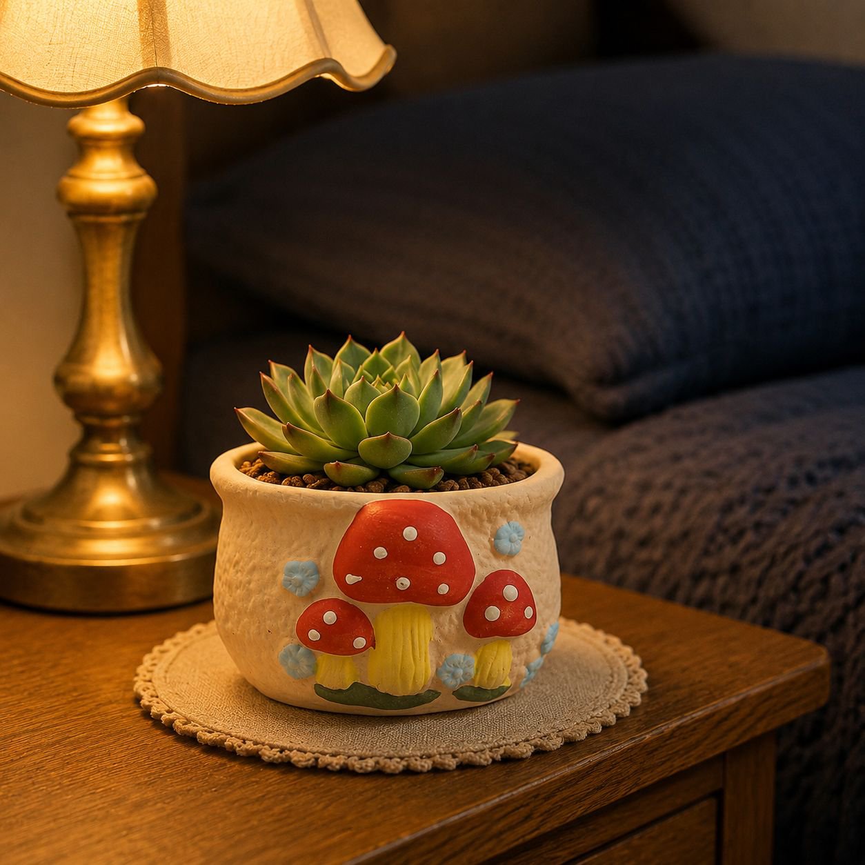 Handcrafted oval ceramic planter with mushroom design for succulents