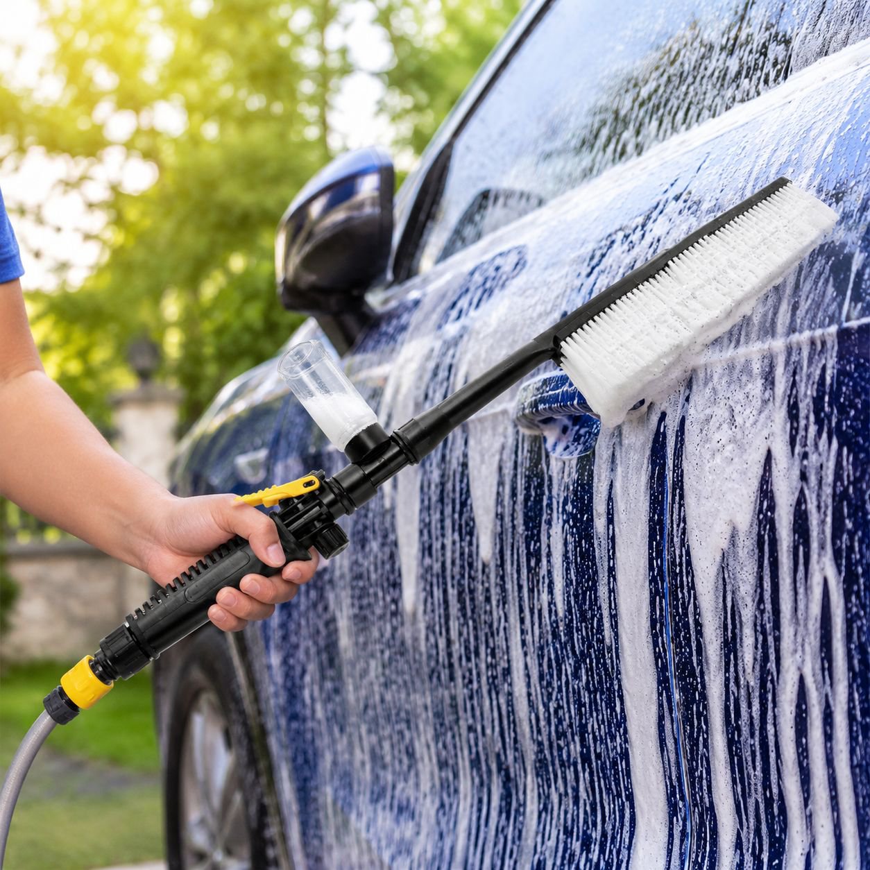 Long Handle Car Wash Brush with Water Spray, Foam, and Soft Bristles
