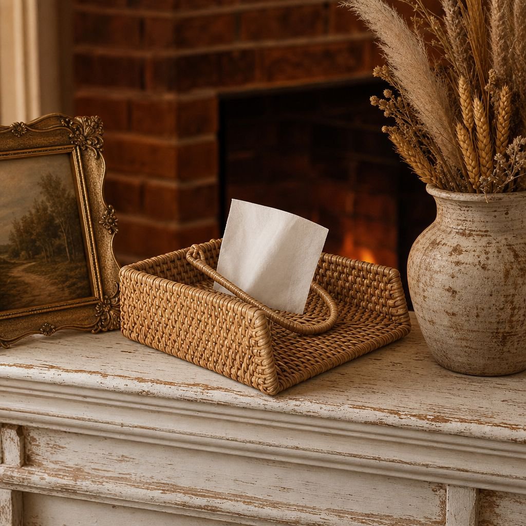 Close-up of rattan texture on square tissue box