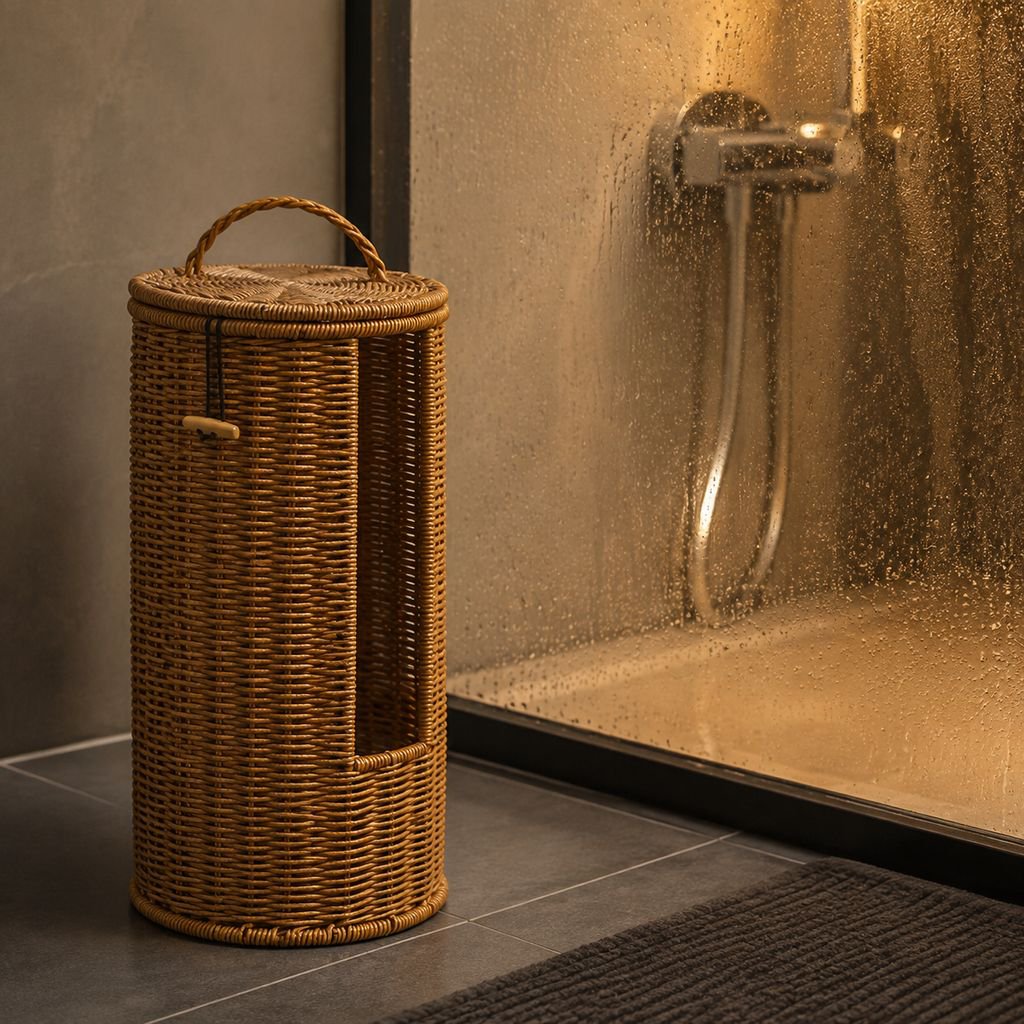 Home & Guesthouse Round Rattan-style Storage Bin with Lid for Toilet Paper and Towels