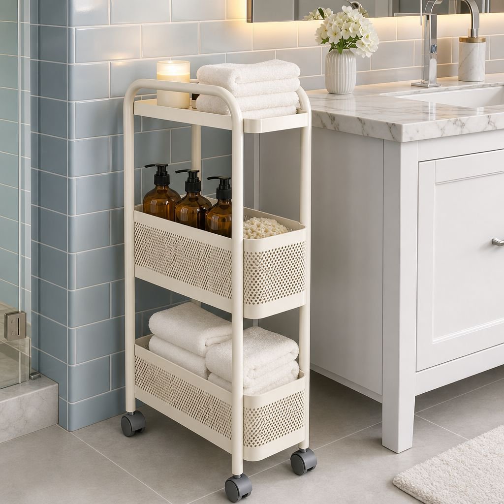 Modern kitchen with fridge side storage organizer
